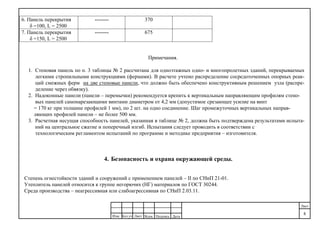 ДатаПодпись№док.ЛистКол.уч
.
Изм.
Лист
8
6. Панель перекрытия
δ =100, L = 2500
-------- 370
7. Панель перекрытия
δ =150, L = 2500
-------- 675
Примечания.
1. Стеновая панель по п. 3 таблицы № 2 рассчитана для одноэтажных одно- и многопролетных зданий, перекрываемых
легкими стропильными конструкциями (фермами). В расчете учтено распределение сосредоточенных опорных реак-
ций смежных ферм на две стеновые панели, что должно быть обеспечено конструктивным решением узла (распре-
деление через обвязку).
2. Надоконные панели (панели – перемычки) рекомендуется крепить к вертикальным направляющим профилям стено-
вых панелей самонарезающими винтами диаметром от 4,2 мм (допустимое срезающее усилие на винт
= 170 кг при толщине профилей 1 мм), по 2 шт. на одно соединение. Шаг промежуточных вертикальных направ-
ляющих профилей панели – не более 500 мм.
3. Расчетная несущая способность панелей, указанная в таблице № 2, должна быть подтверждена результатами испыта-
ний на центральное сжатие и поперечный изгиб. Испытания следует проводить в соответствии с
технологическим регламентом испытаний по программе и методике предприятия – изготовителя.
4. Безопасность и охрана окружающей среды.
Степень огнестойкости зданий и сооружений с применением панелей – II по СНиП 21-01.
Утеплитель панелей относится к группе негорючих (НГ) материалов по ГОСТ 30244.
Среда производства – неагрессивная или слабоагрессивная по СНиП 2.03.11.
 