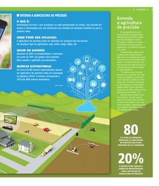 Entenda
a agricultura
de precisão
O vice-presidente da Asso-
ciação Brasileira do Agronegócio
(Abag) Francisco Maturro explica
que essa tecnologia se baseia
em colocar o adubo e a semente
exatamente na mesma posição,
garantindo o crescimento da planta
com saúde.
Uma plantadeira apenas com
sementes passa depositando-as
pelo solo e, em seguida passa nova-
mente no mesmo local colocando o
adubo. O controle é feito por saté-
lite, que gera um mapa que dirá ao
sistema onde será feita a posição
de cada substância.
"Os ganhos que se tem são
imensos, pois o produtor tem mais
tempo para plantar e não precisa
correr. Quando se planta na veloci-
dade justa, correta de uma máqui-
na, ele consegue ter uma produti-
vidade melhor. Não há sementes
duplas ou com falhas, então ele tem
ganho de produtividade", diz.
Maturro ainda ressalta o fato
de o Brasil ser um país tropical,
onde ocorre evaporação da chuva
de forma muito rápida. Com o uso
dessa tecnologia, o agricultor passa
a ser capaz de aproveitar melhor o
solo quando estiver úmido.
ENTENDA A AGRICULTURA DE PRECISÃO
O QUE É:
Informações de tudo o que aconteceu ou está acontecendo no campo. Isso permite ter
acesso a informações que vão influenciar nas tomadas de decisões imediata ou para a
próxima safra.
ONDE PODE SER APLICADA:
A agricultura de precisão pode ser aplicada em qualquer tipo de lavoura,
em qualquer tipo de agricultura: soja, milho, sorgo, feijão, etc.
QUAIS OS GANHOS:
Aumento de 20% na produtividade e economia
em torno de 30% nos gastos com produtos.
Mais rapidez e agilidade nas plantações.
MARCAS EXPOSITORAS:
Em torno de 80 marcas especializadas apenas
em agricultura de precisão estão em exposição
na Agrishow 2016. O número corresponde a
10% das 800 marcas expositoras.
80É O TOTAL DE EMPRESAS
DEDICADAS À AGRICULTURA
DE PRECISÃO QUE ESTÃO
PRESENTES NA 23ª AGRISHOW
20%É QUANTO PODE CHEGAR O
GANHO NA PRODUTIVIDADE
COM A APLICAÇÃO DA
AGRICULTURA DE PRECISÃO
FONTE: A CIDADE
9A CIDADEQUARTA-FEIRA, 27 DE ABRIL DE 2016
 