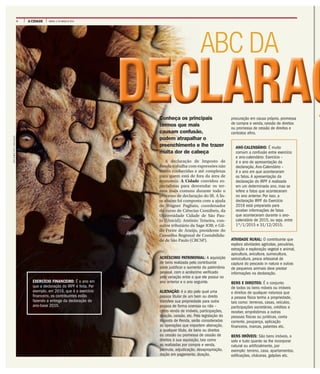 4 A CIDADE SÁBADO, 12 DE MARÇO DE 2016
ABC DA
ACRÉSCIMO PATRIMONIAL: A aquisição
de bens realizada pelo contribuinte
pode justificar o aumento do patrimônio
pessoal, com o acréscimo verificado
pela variação entre o que ele possui no
ano anterior e o ano seguinte.
ALIENAÇÃO: é o ato pelo qual uma
pessoa titular de um bem ou direito
transfere sua propriedade para outra
pessoa de forma onerosa ou não –
como venda de imóveis, participações,
doação, cessão, etc. Pela legislação do
Imposto de Renda, serão consideradas
as operações que importem alienação,
a qualquer título, de bens ou direitos
ou cessão ou promessa de cessão de
direitos à sua aquisição, tais como
as realizadas por compra e venda,
permuta, adjudicação, desapropriação,
dação em pagamento, doação,
Conheça os principais
termos que mais
causam confusão,
podem atrapalhar o
preenchimento e lhe trazer
muita dor de cabeça
A declaração de Imposto de
Renda trabalha com expressões não
muito conhecidas e até complexas
para quem está de fora da área de
economia. A Cidade convidou es-
pecialistas para desvendar os ter-
mos mais comuns durante todo o
processo de declaração do IR. A lis-
ta abaixo foi composta com a ajuda
de Wagner Pagliato, coordenador
do curso de Ciências Contábeis, da
Universidade Cidade de São Pau-
lo (Unicid); Antônio Teixeira, con-
sultor tributário da Sage IOB; e Gil-
do Freire de Araújo, presidente do
Conselho Regional de Contabilida-
de de São Paulo (CRCSP).
procuração em causa própria, promessa
de compra e venda, cessão de direitos
ou promessa de cessão de direitos e
contratos afins.
ANO-CALENDÁRIO: É muito
comum a confusão entre exercício
e ano-calendário: Exercício –
é o ano de apresentação da
declaração, Ano-Calendário –
é o ano em que aconteceram
os fatos. A apresentação da
declaração do IRPF é realizada
em um determinado ano, mas se
refere a fatos que aconteceram
no ano anterior. Por isso, a
declaração IRPF do Exercício
2016 está preparada para
receber informações de fatos
que aconteceram durante o ano-
calendário de 2015, ou seja, entre
1º/1/2015 e 31/12/2015.
ATIVIDADE RURAL: O contribuinte que
explora atividades agrícolas, pecuárias,
extração e exploração vegetal e animal,
apicultura, avicultura, suinocultura,
sericicultura, pesca artesanal de
captura do pescado in natura e outras
de pequenos animais deve prestar
informações na declaração.
BENS E DIREITOS: É o conjunto
de todos os bens móveis ou imóveis
e direitos de qualquer natureza que
a pessoa física tenha a propriedade,
tais como: terrenos, casas, veículos,
participações societárias, créditos a
receber, empréstimos a outras
pessoas físicas ou jurídicas, conta
corrente, poupança, aplicação
financeira, marcas, patentes etc.
BENS IMÓVEIS: São bens imóveis, o
solo e tudo quanto se lhe incorporar
natural ou artificialmente, por
exemplo: terreno, casa, apartamentos,
edificações, chácaras, galpões etc.
DECLARAÇ
EXERCÍCIO FINANCEIRO: É o ano em
que a declaração do IRPF é feita. Por
exemplo, em 2016, que é o exercício
financeiro, os contribuintes estão
fazendo a entrega da declaração do
ano-base 2015.
ARTESOBREFOTO/DIVULGAÇÃO
 