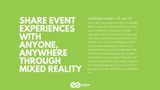 SHARE EVENT
EXPERIENCES
WITH
ANYONE,
ANYWHERE
THROUGH
MIXED REALITY
Additional realities: AR and VR
Mixed reality, where p...