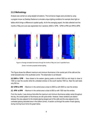 2.2.2 Methodology
Analysis was carried out using daylight simulations. The luminance images were provided by using
a program known as Desktop Radiance to simulate unique lighting conditions for example direct light on
tables which brings a difference to spatial quality. As for the averaging aspect, the data collected over the
months of May and June was segmented into 3 sections; 8AM to 12PM , 12PM to 4PM and 4PM to 8PM.
Figure xx Average simulated illuminance through the months of May and June in specified hours.
Zones in red were proposed window lighting.
The Figure shows the different maximum and minimum illuminance in the central part of the café and the
small secluded area in the southwest corner. The observation is as followed :
(A) 8AM to 12PM - Area closest to the eastern glazing peaks at almost 3000 lux and drops to close to
1000 lux near the counter while the unshaded window on the south reaches 7000 lux. Near the wall reads
only 500 lux.
(B) 12PM to 4PM - Maximum in the central area is close to 2000 lux with 6500 lux near the window
(C) 4PM to 8PM - Maximum in the central area is close to 800 lux with 1500 near the window.
From the results, it was obvious that while the maximum and minimum illuminance widely varies throughout
the day, the overall pattern of illuminance are still quite similar. However, these variations are distinct
between the area adjacent to the shaded glazing (largest part of the café) and the area adjacent to the
unshaded glazing (secluded area in the bottom corner). A section cut through the center of each glazing
during morning hours forms the graph below.
8
 