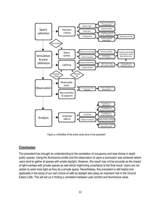 Figure x.x Workflow of the entire study done in the precedent
Conclusion
The precedent has brought an understanding to the correlation of occupancy and seat choice in daylit
public spaces. Using the illuminance profile and the observation of users a conclusion was achieved where
users tend to gather at spaces with ample daylight. However, this result may not be accurate as the impact
of light overlaps with private spaces as well which might bring uncertainty to the final result. Users are not
certain to want more light as they do a private space. Nevertheless, this precedent is still helpful and
applicable in the study of our own choice of café as daylight also plays an important role in the Ground
Eatery Café. This will aid us in finding a correlation between user comfort and illuminance value.
12
 