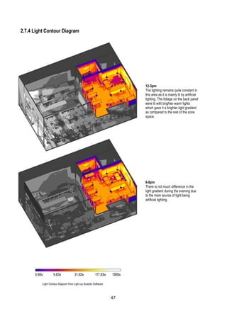 2.7.4 Light Contour Diagram
12-3pm
The lighting remains quite constant in
this area as it is mainly lit by artificial
lighting. The foliage on the back panel
were lit with brighter warm lights
which gave it a brighter light gradient
as compared to the rest of the zone
space.
6-8pm
There is not much difference in the
light gradient during the evening due
to the main source of light being
artificial lighting.
Light Contour Diagram from Light up Analytic Software
47
 