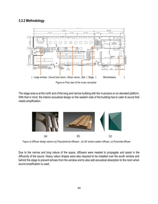 3.3.2 Methodology
| Large window | Sound lock doors | Music venue | Bar | Stage | Microbrewery |
Figure xx Floor plan of the music venue/bar
The stage area is at the north end of the long and narrow building with the musicians on an elevated platform.
With that in mind, the interior acoustical design on the western side of the building has to cater to sound that
needs amplification.
(a) (b) (c)
Figure xx Diffuser design options (a) Polycylindrical diffusers , (b) 2D random pattern diffuser, (c) Pyramidal diffuser
Due to the narrow and long nature of the space, diffusers were needed to propagate and assist in the
diffusivity of the sound. Heavy valour drapes were also required to be installed over the south window and
behind the stage to prevent echoes from the window and to also add acoustical absorption to the room when
sound amplification is used.
60
 