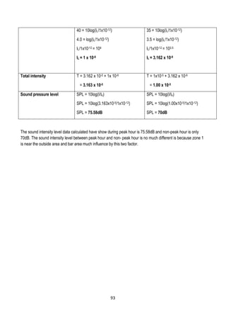 40 = 10log(IL/1x10-12)
4.0 = log(IL/1x10-12)
IL/1x10-12 = 104
IL = 1 x 10-8
35 = 10log(IL/1x10-12)
3.5 = log(IL/1x10-12)
IL/1x10-12 = 103.5
IL = 3.162 x 10-9
Total intensity T = 3.162 x 10-5 + 1x 10-8
= 3.163 x 10-5
T = 1x10-5 + 3.162 x 10-9
= 1.00 x 10-5
Sound pressure level SPL = 10log(I/Io)
SPL = 10log(3.163x10-5/1x10-12)
SPL = 75.58dB
SPL = 10log(I/Io)
SPL = 10log(1.00x10-5/1x10-12)
SPL = 70dB
The sound intensity level data calculated have show during peak hour is 75.58dB and non-peak hour is only
70dB. The sound intensity level between peak hour and non- peak hour is no much different is because zone 1
is near the outside area and bar area much influence by this two factor.
93
 