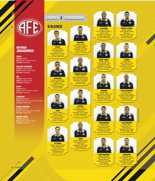 A CIDADE10
O ELENCO
GRUPO B | FERROVIÁRIA
FOTOSDIVULGAÇÃOFERROVIÁRIA
CÉSAR
Posição: Goleiro
Nome completo: César
Bernardo Dutra
Nascimento: 27/1/1992,
no Rio de Janeiro (RJ)
Ex-clube: Ponte Preta
JONATHAN
Posição: Lateral-direito
Nome completo: Jonathan
Ferreira da Silva
Nascimento: 3/11/1992,
em Taguatinga (DF)
Ex-clube: CRB-AL
LUAN
Posição: Zagueiro
Nome completo: Luan Bueno
Ferreira de Brito
Nascimento: 26/6/1987,
em Brasília (DF)
Ex-clube: Ferroviária
ZÉ MÁRIO
Posição: Lateral-esquerdo
Nome completo: José
Mário de Bona
Nascimento: 20/2/1992,
em Medianeira (PR)
Ex-clube: Ceará-CE
MATHEUS
Posição: Goleiro
Nome completo: Matheus
Nogueira da Silva
Nascimento: 8/8/1986,
em São Paulo (SP)
Ex-clube: Ferroviária
LEANDRO AMARO
Posição: Zagueiro
Nome completo: Leandro A.
dos Santos Morais Ferreira
Nascimento: 19/6/1986,
em Campinas (SP)
Ex-clube: Guarani
RANIELE
Posição: Zagueiro
Nome completo: Raniele
Almeida Melo
Nascimento: 31/12/1996,
em Baixa Grande (BA)
Ex-clube: Ferroviária
SÁVIO
Posição: Lateral-esquerdo
Nome completo: Sávio
Antônio Alves
Nascimento: 26/5/1995,
em Araraquara (SP)
Ex-clube: Ferroviária
CLAUDINEI
Posição: Volante
Nome completo: Claudinei
Junio de Souza
Nascimento: 8/10/1988,
em Sete Lagoas (MG)
Ex-clube: América-MG
FÁBIO SOUZA
Posição: Volante
Nome completo: Fábio
Gonçalves de Souza
Nascimento: 9/4/1996,
em Santo A. de Pádua (RJ)
Ex-clube: Ferroviária
JUNINHO
Posição: Meia
Nome completo: Eduardo José
Barbosa da Silva Júnior
Nascimento: 3/9/1995,
em Rio das Pedras (SP)
Ex-clube: Criciúma-SC
FERNANDINHO
Posição: Meia
Nome completo: Éldis
Fernando Damasio
Nascimento: 13/1/1981,
em Florianópolis (SC)
Ex-clube: Gainare-JPN
TIAGO MARQUES
Posição: Atacante
Nome completo: Tiago
Marques Rezende
Nascimento: 3/3/1988,
em Jataí (GO)
Ex-clube: Botafogo
RENATO XAVIER
Posição: Volante
Nome completo: Renato
Xavier Sena
Nascimento: 30/6/1986,
em Israelândia (GO)
Ex-clube: Ferroviária
FLÁVIO
Posição: Meia
Nome completo: Flávio
Medeiros da Silva
Nascimento: 10/2/1996,
em Santos (SP)
Ex-clube: Vitória-BA
KAIO FERNANDO
Posição: Meia
Nome completo: Kaio
Fernando da Silva Pantaleão
Nascimento: 8/9/1995,
em Araraquara (SP)
Ex-clube: Ferroviária
ALAN MINEIRO
Posição: Meia
Nome completo: Alan
Cássio da Cruz
Nascimento: 29/9/1987,
em Três Corações (MG)
Ex-clube: América-MG
LEONARDO
Posição: Atacante
Nome completo: Leonardo
Gonçalves Silva
Nascimento: 26/10/1982,
em Nova Lima (MG)
Ex-clube: Sport-PE
OUTROS
JOGADORES
TADEU
Posição: Goleiro
Nome: Tadeu Antônio Ferreira
Ex-clube: Ferroviária
WILLIAM CORDEIRO
Posição: Lateral-direito
Nome: Willian Cordeiro Melo
Ex-clube: Ferroviária
IAN
Posição: Lateral-direito
Nome: Ian Gomes Silva
Ex-clube: Ferroviária
KELVY
Posição: Meia
Nome: Kelvy Joel Ribeiro Manoel
Ex-clube: Ferroviária
CAPIXABA
Posição: Atacante
Nome: João Victor da Vitória Fernandes
Ex-clube: Atlético-MG
ÉLDER SANTANA
Posição: Atacante
Nome: Rafael Augusto D. de Castro
Ex-clube: Atlético-MG
BRUNO LOPES
Posição: Atacante
Nome: Bruno da Silva Lopes
Ex-clube: Ferroviária
 