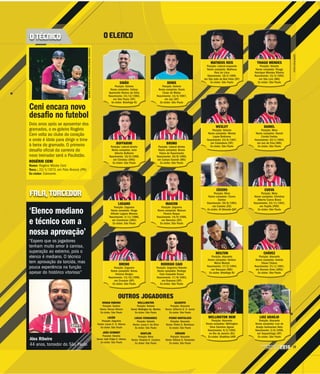 15CAMPEONATO
PAULISTA2016
FOTOSDIVULGAÇÃO
OUTROS JOGADORES
RENAN RIBEIRO
Posição: Goleiro
Nome: Renan Ribeiro
Ex-clube: São Paulo
LUCÃO
Posição: Zagueiro
Nome: Lucas C. S. Afonso
Ex-clube: São Paulo
JOÃO SCHMIDT
Posição: Volante
Nome: João Felipe S. Urbano
Ex-clube: São Paulo
WELLLINGTON
Posição: Volante
Nome: Wellington Ap. Martins
Ex-clube: São Paulo
LUCAS FERNANDES
Posição: Volante
Nome: Lucas F. da Silva
Ex-clube: São Paulo
SHAYLON
Posição: Meia
Nome: Shaylon K. Cardozo
Ex-clube: São Paulo
GILBERTO
Posição: Atacante
Nome: Gilberto O. S. Júnior
Ex-clube: São Paulo
PEDRO BORTOLUZO
Posição: Atacante
Nome: Pedro G. Bortoluzo
Ex-clube: São Paulo
RÓBSON
Posição: Atacante
Nome: Róbson S. Fernandes
Ex-clube: São Paulo
DANIEL
Posição: Meia
Nome completo: Daniel
Corrêa Freitas
Nascimento: 22/1/1994,
em Juiz de Fora (MG)
Ex-clube: São Paulo
CUEVA
Posição: Meia
Nome completo: Christian
Alberto Cueva Bravo
Nascimento: 23/11/1991,
em Trujillo (PER)
Ex-clube: São Paulo
CHÁVEZ
Posição: Atacante
Nome completo: Andrés
Eliseo Chávez
Nascimento: 21/1/1991,
em Buenos Aires (ARG)
Ex-clube: São Paulo
LUIZ ARAÚJO
Posição: Atacante
Nome completo: Luiz de
Araújo Guimarães Neto
Nascimento: 2/6/1996,
em Taquaritinga (SP)
Ex-clube: São Paulo
RODRIGO CAIO
Posição: Zagueiro/Volante
Nome completo: Rodrigo
Caio Coquette Russo
Nascimento: 17/8/1993,
em Dracena (SP)
Ex-clube: São Paulo
MAICON
Posição: Zagueiro
Nome completo: Maicon
Pereira Roque
Nascimento: 14/9/1988,
em Barretos (SP)
Ex-clube: São Paulo
BRUNO
Posição: Lateral-direito
Nome completo: Bruno
Vieira do Nascimento
Nascimento: 30/8/1985,
em Campo Grande (MS)
Ex-clube: São Paulo
DENIS
Posição: Goleiro
Nome completo: Denis
Cesar de Matos
Nascimento: 14/4/1987,
em Jaú (SP)
Ex-clube: São Paulo
WESLEY
Posição: Volante
Nome completo: Wesley
Lopes Beltrame
Nascimento: 24/6/1987,
em Catanduva (SP)
Ex-clube: São Paulo
CÍCERO
Posição: Meia
Nome completo: Cícero
Santos
Nascimento: 26/8/1984,
em Castelo (ES)
Ex-clube: Al-Gharafa-QAT
NEILTON
Posição: Atacante
Nome completo: Neilton
Meira Mestzk
Nascimento: 17/2/1994,
em Nanuque (MG)
Ex-clube: Botafogo-RJ
WELLINGTON NEM
Posição: Atacante
Nome completo: Wellington
Silva Sanches Aguiar
Nascimento: 6/2/1992,
no Rio de Janeiro (RJ)
Ex-clube: Shakhtar-UKR
BRENO
Posição: Zagueiro
Nome completo: Breno
Vinícius Borges
Nascimento: 13/10/1989,
em Cruzeiro (SP)
Ex-clube: São Paulo
LUGANO
Posição: Zagueiro
Nome completo: Diego
Alfredo Lugano Moreno
Nascimento: 2/11/1980,
em Canelones (URU)
Ex-clube: São Paulo
BUFFARINI
Posição: Lateral-direito
Nome completo: Julio
Alberto Buffarini
Nascimento: 18/8/1988,
em Córdoba (ARG)
Ex-clube: São Paulo
SIDÃO
Posição: Goleiro
Nome completo: Sidney
Aparecido Ramos da Silva
Nascimento: 24/12/1982,
em São Paulo (SP)
Ex-clube: Botafogo-RJ
O ELENCOO TÉCNICO
Ceni encara novo
desafio no futebol
Dois anos após se aposentar dos
gramados, o ex-goleiro Rogério
Ceni volta ao clube do coração
e onde é ídolo para dirigir o time
à beira do gramado. O primeiro
desafio oficial da carreira do
novo treinador será o Paulistão.
ROGÉRIO CENI
Nome: Rogério Mücke Ceni
Nasc.: 22/1/1973, em Pato Branco (PR)
Ex-clube: Estreante
THIAGO MENDES
Posição: Volante
Nome completo: Thiago
Henrique Mendes Ribeiro
Nascimento: 15/3/1992,
em São Luís (MA)
Ex-clube: São Paulo
MATHEUS REIS
Posição: Lateral-esquerdo
Nome completo: Matheus
Reis de Lima
Nascimento: 18/2/1995,
em São João da Boa Vista (SP)
Ex-clube: São Paulo
nco (PRR)
MAURÍCIORUMMENS/FOTOARENA/ESTADÃOCONTEÚDO
FALA, TORCEDOR
‘Elenco mediano
e técnico com a
nossa aprovação’
“Espero que os jogadores
tenham muito amor à camisa,
superação ao extremo, pois o
elenco é mediano. O técnico
tem aprovação da torcida, mas
pouca experiência na função
apesar do histórico vitorioso”
Alex Ribeiro
44 anos, torcedor do São Paulo
 