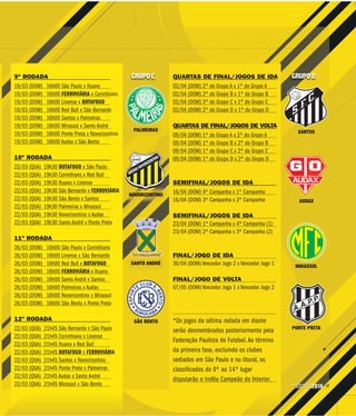 17CAMPEONATO
PAULISTA2016
SANTOSPALMEIRAS
NOVORIZONTINO
AUDAX
SÃO BENTO
PONTE PRETA
MIRASSOL
SANTO ANDRÉ
9ª RODADA
19/03 (DOM) 16h00 São Paulo x Ituano
19/03 (DOM) 16h00 FERROVIÁRIA x Corinthians
19/03 (DOM) 16h00 Linense x BOTAFOGO
19/03 (DOM) 16h00 Red Bull x São Bernardo
19/03 (DOM) 16h00 Santos x Palmeiras
19/03 (DOM) 16h00 Mirassol x Santo André
19/03 (DOM) 16h00 Ponte Preta x Novorizontino
19/03 (DOM) 16h00 Audax x São Bento
10ª RODADA
22/03 (QUA) 19h30 BOTAFOGO x São Paulo
22/03 (QUA) 19h30 Corinthians x Red Bull
22/03 (QUA) 19h30 Ituano x Linense
22/03 (QUA) 19h30 São Bernardo x FERROVIÁRIA
22/03 (QUA) 19h30 São Bento x Santos
22/03 (QUA) 19h30 Palmeiras x Mirassol
22/03 (QUA) 19h30 Novorizontino x Audax
22/03 (QUA) 19h30 Santo André x Ponte Preta
11ª RODADA
26/03 (DOM) 16h00 São Paulo x Corinthians
26/03 (DOM) 16h00 Linense x São Bernardo
26/03 (DOM) 16h00 Red Bull x BOTAFOGO
26/03 (DOM) 16h00 FERROVIÁRIA x Ituano
26/03 (DOM) 16h00 Santo André x Santos
26/03 (DOM) 16h00 Palmeiras x Audax
26/03 (DOM) 16h00 Novorizontino x Mirassol
26/03 (DOM) 16h00 São Bento x Ponte Preta
12ª RODADA
22/03 (QUA) 21h45 São Bernardo x São Paulo
22/03 (QUA) 21h45 Corinthians x Linense
22/03 (QUA) 21h45 Ituano x Red Bull
22/03 (QUA) 21h45 BOTAFOGO x FERROVIÁRIA
22/03 (QUA) 21h45 Santos x Novorizontino
22/03 (QUA) 21h45 Ponte Preta x Palmeiras
22/03 (QUA) 21h45 Audax x Santo André
22/03 (QUA) 21h45 Mirassol x São Bento
QUARTAS DE FINAL/JOGOS DE IDA
02/04 (DOM) 2º do Grupo A x 1º do Grupo A
02/04 (DOM) 2º do Grupo B x 1º do Grupo B
02/04 (DOM) 2º do Grupo C x 1º do Grupo C
02/04 (DOM) 2º do Grupo D x 1º do Grupo D
QUARTAS DE FINAL/JOGOS DE VOLTA
09/04 (DOM) 1º do Grupo A x 2º do Grupo A
09/04 (DOM) 1º do Grupo B x 2º do Grupo B
09/04 (DOM) 1º do Grupo C x 2º do Grupo C
09/04 (DOM) 1º do Grupo D x 2º do Grupo D
SEMIFINAL/JOGOS DE IDA
16/04 (DOM) 4ª Campanha x 1ª Campanha
16/04 (DOM) 3ª Campanha x 2ª Campanha
SEMIFINAL/JOGOS DE IDA
23/04 (DOM) 1ª Campanha x 4ª Campanha (1)
23/04 (DOM) 2ª Campanha x 3ª Campanha (2)
FINAL/JOGO DE IDA
30/04 (DOM) Vencedor Jogo 2 x Vencedor Jogo 1
FINAL/JOGO DE VOLTA
07/05 (DOM) Vencedor Jogo 1 x Vencedor Jogo 2
*Os jogos da sétima rodada em diante
serão desmembrados posteriormente pela
Federação Paulista de Futebol. Ao término
da primeira fase, excluindo os clubes
sediados em São Paulo e no litoral, os
classificados do 9º ao 14º lugar
disputarão o troféu Campeão do Interior.
GRUPO C GRUPO D
 