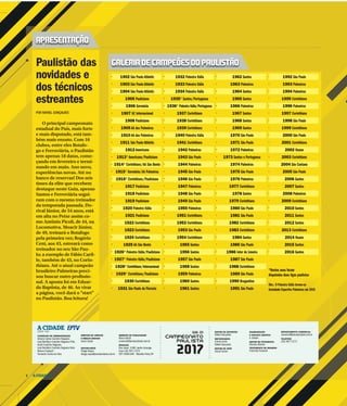 A CIDADE2
POR RAFAEL GONÇALVES
O principal campeonato
estadual do País, mais forte
e mais disputado, está tam-
bém mais enxuto. Com 16
clubes, entre eles Botafo-
go e Ferroviária, o Paulistão
tem apenas 18 datas, come-
çando em fevereiro e termi-
nando em maio. Ano novo,
experiências novas. Até no
banco de reservas! Dos seis
times da elite que recebem
destaque neste Guia, apenas
Santos e Ferroviária segui-
ram com o mesmo treinador
da temporada passada. Do-
rival Júnior, de 54 anos, está
em alta no Peixe assim co-
mo Antônio Picoli, de 44, na
Locomotiva. Moacir Júnior,
de 49, treinará o Botafogo
pela primeira vez; Rogério
Ceni, aos 43, estreará como
treinador no seu São Pau-
lo; a exemplo de Fábio Caril-
le, também de 43, no Corin-
thians. Até o atual campeão
brasileiro Palmeiras preci-
sou buscar outro profissio-
nal. A aposta foi em Eduar-
do Baptista, de 46. Ao virar
a página, você dará o “start”
no Paulistão. Boa leitura!
Paulistão das
novidades e
dos técnicos
estreantes
• 1902 São Paulo Athletic
• 1903 São Paulo Athletic
• 1904 São Paulo Athletic
• 1905 Paulistano
• 1906 Germânia
• 1907 SC Internacional
• 1908 Paulistano
• 1909 AA das Palmeiras
• 1910 AA das Palmeiras
• 1911 São Paulo Athletic
• 1912 Americano
• 1913* Americano/Paulistano
• 1914* Corinthians/AA São Bento
• 1915* Germânia/AA Palmeiras
• 1916* Corinthians/Paulistano
• 1917 Paulistano
• 1918 Paulistano
• 1919 Paulistano
• 1920 Palestra Itália
• 1921 Paulistano
• 1922 Corinthians
• 1923 Corinthians
• 1924 Corinthians
• 1925 AA São Bento
• 1926* Palestra Itália/Paulistano
• 1927* Palestra Itália/Paulistano
• 1928* Corinthians/Internacional
• 1929* Corinthians/Paulistano
• 1930 Corinthians
• 1931 São Paulo da Floresta
• 1932 Palestra Itália
• 1933 Palestra Itália
• 1934 Palestra Itália
• 1935* Santos/Portuguesa
• 1936* Palestra Itália/Portuguesa
• 1937 Corinthians
• 1938 Corinthians
• 1939 Corinthians
• 1940 Palestra Itália
• 1941 Corinthians
• 1942 Palmeiras
• 1943 São Paulo
• 1944 Palmeiras
• 1945 São Paulo
• 1946 São Paulo
• 1947 Palmeiras
• 1948 São Paulo
• 1949 São Paulo
• 1950 Palmeiras
• 1951 Corinthians
• 1952 Corinthians
• 1953 São Paulo
• 1954 Corinthians
• 1955 Santos
• 1956 Santos
• 1957 São Paulo
• 1958 Santos
• 1959 Palmeiras
• 1960 Santos
• 1961 Santos
• 1962 Santos
• 1963 Palmeiras
• 1964 Santos
• 1965 Santos
• 1966 Palmeiras
• 1967 Santos
• 1968 Santos
• 1969 Santos
• 1970 São Paulo
• 1971 São Paulo
• 1972 Palmeiras
• 1973 Santos e Portuguesa
• 1974 Palmeiras
• 1975 São Paulo
• 1976 Palmeiras
• 1977 Corinthians
• 1978 Santos
• 1979 Corinthians
• 1980 São Paulo
• 1981 São Paulo
• 1982 Corinthians
• 1983 Corinthians
• 1984 Santos
• 1985 São Paulo
• 1986 Inter de Limeira
• 1987 São Paulo
• 1988 Corinthians
• 1989 São Paulo
• 1990 Bragantino
• 1991 São Paulo
• 1992 São Paulo
• 1993 Palmeiras
• 1994 Palmeiras
• 1995 Corinthians
• 1996 Palmeiras
• 1997 Corinthians
• 1998 São Paulo
• 1999 Corinthians
• 2000 São Paulo
• 2001 Corinthians
• 2002 Ituano
• 2003 Corinthians
• 2004 São Caetano
• 2005 São Paulo
• 2006 Santos
• 2007 Santos
• 2008 Palmeiras
• 2009 Corinthians
• 2010 Santos
• 2011 Santos
• 2012 Santos
• 2013 Corinthians
• 2014 Ituano
• 2015 Santos
• 2016 Santos
*Nestes anos foram
disputadas duas ligas paulistas
Obs.: O Palestra Itália tornou-se
Sociedade Esportiva Palmeiras em 1942
GALERIA DE CAMPEÕES DO PAULISTÃO
APRESENTAÇÃO
A CIDADEDESDE 1905 EDITOR DE ESPORTES
Rafael Gonçalves
REPORTAGENS
Correa Junior
Rafael Gonçalves
EDITOR DE ARTE
Daniel Torrieri
DIAGRAMAÇÃO
E PROJETO GRÁFICO
A. Gaspar
EDITOR DE FOTOGRAFIA
Mariana Martins
TRATAMENTO DE IMAGENS
Francielly Flamarini
DEPARTAMENTO COMERCIAL
comercial@jornalacidade.com.br
TELEFONE
(16) 3977-2172
CAMPEONATO
PAULISTA
2017
GUIA DO
CONSELHO DE ADMINISTRAÇÃO
Antonio Carlos Coutinho Nogueira
José Bonifácio Coutinho Nogueira Filho
André Coutinho Nogueira
José Bonifácio Coutinho Nogueira Neto
Marcos Frateschi
Fernando Corrêa da Silva
DIRETOR DE JORNAIS
E MÍDIAS DIGITAIS
Josué Suzuki
EDITOR-CHEFE
Thiago Roque
thiago.roque@jornalacidade.com.br
GERENTE DE PUBLICIDADE
Marco Vallim
comercial@jornalacidade.com.br
REDAÇÃO
Rua Javari, 3.099, Jardim Ipiranga
Fone (16) 3977-2175
CEP 14060-640 - Ribeirão Preto/SP
 