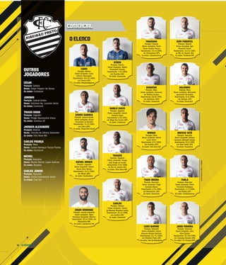 A CIDADE28
O ELENCO
FOTOSMILENAAUREA/ACIDADE
CAIRO
Posição: Goleiro
Nome completo: Cairo
Alberto Marangoni
Nascimento: 24/12/1984,
em Franca (SP)
Ex-clube: Votuporanguense
BRUNO GAMBOA
Posição: Lateral-direito
Nome completo: Bruno
Conceição do Rosário
Nascimento: 11/4/1994,
em Cairu (BA)
Ex-clube: Desportivo Brasil
RAFAEL NOVAIS
Posição: Zagueiro
Nome completo: Rafael
Souza Silva Novais
Nascimento: 13/1/1984,
em Ilhéus (BA)
Ex-clube: Sertãozinho
HIGOR HENRIQUE
Posição: Lateral-esquerdo
Nome completo: Higor
Henrique Goncalves Martins
Nascimento: 25/2/1995, em
Matozinhos-MG
Ex-clube: Lajeadense-RS
OTÁVIO
Posição: Goleiro
Nome completo: Otávio
Funnicheli Ferreira
Nascimento: 7/6/1995,
em Guariba (SP)
Ex-clube: Comercial
DANILO COSTA
Posição: Zagueiro
Nome completo: Danilo
Ferreira Costa
Nascimento: 2/8/1991,
em Mogi das Cruzes (SP)
Ex-clube: Comercial
THIAGÃO
Posição: Zagueiro
Nome completo: Thiago
José Braga da Cunha
Nascimento: 9/6/1988,
no Rio de Janeiro (RJ)
Ex-clube: Villa Nova-MG
CARLÃO
Posição: Volante
Nome completo: Carlos
de Moraes Theodoro Júnior
Nascimento: 31/3/1986,
em Jundiaí (SP)
Ex-clube: Comercial
DIONATAN
Posição: Meia
Nome completo: Dionatan
de Oliveira Santos
Nascimento: 23/8/1995,
em Itumbiara (GO)
Ex-clube: Comercial
MIRRAY
Posição: Meia
Nome completo: Mirrai
Leme Vieira
Nascimento: 9/1/1994,
em Guariba (SP)
Ex-clube: Vila Nova-GO
TIAGO MOURA
Posição: Atacante
Nome completo: Tiago
Cardoso Moura
Nascimento: 3/9/1993,
em Buerarema (BA)
Ex-clube: Comercial
CADU BARONE
Posição: Atacante
Nome completo: Carlos
Eduardo Barone Barboza
Nascimento: 21/11/1994,
em Ribeirão Preto (SP)
Ex-clube: Inter de Bebedouro
NALDINHO
Posição: Meia
Nome completo: Marinaldo
Aparecido Severiano
Nascimento: 9/4/1988,
em Olímpia (SP)
Ex-clube: Comercial
MATEUS TOTÔ
Posição: Atacante
Nome completo: Mateus
Eduardo Inforsatti Araújo
Nascimento: 8/5/1995,
em Ouro Verde (SP)
Ex-clube: Comercial
PABLO
Posição: Atacante
Nome completo: Pablo
Fernando Rodrigues
Nascimento: 2/7/1990,
em Brotas (SP)
Ex-clube: Catanduvense
JAIRO PARAÍBA
Posição: Atacante
Nome completo: Jairo
Silva Santos
Nascimento: 31/10/1989,
em Campina Grande (PB)
Ex-clube: FC Anyang-KOR
COMERCIAL
TABARANA
Posição: Volante
Nome completo: Paulo
Victor Camillo Nunes
Nascimento: 13/4/1988,
em Araraquara (SP)
Ex-clube: Catanduvense
IGOR PIMENTEL
Posição: Volante
Nome completo: Igor
Pimentel Xavier
Nascimento: 14/11/1991,
no Rio de Janeiro (RJ)
Ex-clube: Ivinhema-MS
OUTROS
JOGADORES
CÉSAR
Posição: Goleiro
Nome: César Filippini de Sousa
Ex-clube: Comercial
JUNINHO
Posição: Lateral-direito
Nome: Edmilson Ap. Lucrecio Júnior
Ex-clube: Comercial
THIAGO VIANA
Posição: Zagueiro
Nome: Thiago Vasconcelos Viana
Ex-clube: Juventus-SC
JHONATA ALEXANDRE
Posição: Volante
Nome: Jhonata de Oliveira Alexandre
Ex-clube: Villa Nova-MG
CARLOS FRANÇA
Posição: Meia
Nome: Carlos Henrique França Freires
Ex-clube: Comercial
MICHEL
Posição: Atacante
Nome: Michel Renner Lopes Antunes
Ex-clube: Batatais
CARLOS JÚNIOR
Posição: Atacante
Nome: Carlos Constantino Júnior
Ex-clube: Crac-GO
 