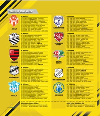 A CIDADE30
TABELA DA SÉRIE A3 2017
CATANDUVENSE
ATIBAIA
COMERCIAL
DESPORTIVO
BRASIL
INDEPENDENTE
MARÍLIA
INTER DE LIMEIRA
MATONENSE
GRÊMIO
OSASCOFLAMENGO
1ª RODADA
28/01 (SAB) 11h00 Inter de Limeira 2 x 0 Paulista
28/01 (SAB) 16h00 COMERCIAL 3 x 0 Independente
28/01 (SAB) 16h00 Taboão da Serra 0 x 2 Matonense
28/01 (SAB) 16h00 Desportivo Brasil 1 x 0 Catanduvense
28/01 (SAB) 16h00 Nacional 1 x 4 Rio Branco
28/01 (SAB) 16h00 Portuguesa Santista 3 x 1 Marília
29/01 (DOM) 10h00 Noroeste 1 x 0 São Carlos
29/01 (DOM) 10h00 Grêmio Osasco 2 x 1 Atibaia
29/01 (DOM) 10h00 Olímpia 2 x 1 Flamengo
29/01 (DOM) 16h00 São José dos Campos 0 x 1 Monte Azul
2ª RODADA
04/02 (SAB) 10h00 Atibaia x Desportivo Brasil
04/02 (SAB) 16h00 Paulista x Nacional
04/02 (SAB) 18h00 São Carlos x Inter de Limeira
04/02 (SAB) 19h00 Independente x Grêmio Osasco
04/02 (SAB) 19h00 Marília x Taboão da Serra
05/02 (DOM) 10h00 Monte Azul x Olímpia
05/02 (DOM) 10h00 Matonense x COMERCIAL
05/02 (DOM) 10h00 Catanduvense x São José dos Campos
05/02 (DOM) 10h00 Rio Branco x Portuguesa Santista
05/02 (DOM) 10h00 Flamengo x Noroeste
3ª RODADA
07/02 (TER) 20h00 Inter de Limeira x Rio Branco
08/02 (QUA) 16h00 Desportivo Brasil x Noroeste
08/02 (QUA) 16h00 Flamengo x Nacional
08/02 (QUA) 16h00 Matonense x São José dos Campos
08/02 (QUA) 19h30 Paulista x Atibaia
08/02 (QUA) 20h00 Portuguesa Santista x Catanduvense
08/02 (QUA) 20h00 Independente x São Carlos
08/02 (QUA) 20h00 Olímpia x Taboão da Serra
08/02 (QUA) 20h00 Marília x Monte Azul
09/02 (QUI) 19h00 Grêmio Osasco x COMERCIAL
4ª RODADA
11/02 (SAB) 10h00 Olímpia x Portuguesa Santista
11/02 (SAB) 16h00 Taboão da Serra x Flamengo
11/02 (SAB) 16h00 Nacional x Independente
11/02 (SAB) 16h00 Atibaia x Catanduvense
11/02 (SAB) 16h00 Desportivo Brasil x Matonense
11/02 (SAB) 16h00 Rio Branco x Marília
12/02 (DOM) 10h00 Noroeste x Inter de Limeira
12/02 (DOM) 10h00 Monte Azul x Paulista
12/02 (DOM) 10h00 COMERCIAL x São Carlos
12/02 (DOM) 16h00 São José dos Campos x Grêmio Osasco
5ª RODADA
15/02 (QUA) 16h00 Matonense x Marília
15/02 (QUA) 16h00 Atibaia x Olímpia
15/02 (QUA) 16h00 Flamengo x Rio Branco
15/02 (QUA) 19h00 Grêmio Osasco x Nacional
15/02 (QUA) 19h00 São Carlos x Desportivo Brasil
15/02 (QUA) 19h30 Paulista x São José dos Campos
15/02 (QUA) 19h30 Catanduvense x Taboão da Serra
15/02 (QUA) 20h00 Independente x Noroeste
16/02 (QUI) 20h00 COMERCIAL x Monte Azul
16/02 (QUI) 20h00 Portuguesa Santista x Inter de Limeira
6ª RODADA
18/02 (SAB) 16h00 Paulista x Matonense
18/02 (SAB) 16h00 Desportivo Brasil x Grêmio Osasco
18/02 (SAB) 19h00 Marília x Independente
18/02 (SAB) 19h00 Inter de Limeira x Olímpia
19/02 (DOM) 10h00 Noroeste x Atibaia
19/02 (DOM) 10h00 Catanduvense x São Carlos
19/02 (DOM) 10h00 Flamengo x Monte Azul
19/02 (DOM) 10h00 Rio Branco x COMERCIAL
19/02 (DOM) 10h00 Taboão da Serra x Portuguesa Santista
19/02 (DOM) 16h00 São José dos Campos x Nacional
7ª RODADA
24/02 (SEX) 19h00 São Carlos x Grêmio Osasco
24/02 (SEX) 20h00 Portuguesa Santista x Flamengo
25/02 (SAB) 15h00 Matonense x Independente
25/02 (SAB) 15h00 Nacional x Taboão da Serra
25/02 (SAB) 15h00 Atibaia x Marília
25/02 (SAB) 15h00 Monte Azul x Desportivo Brasil
25/02 (SAB) 16h00 Olímpia x São José dos Campos
25/02 (SAB) 16h00 COMERCIAL x Noroeste
25/02 (SAB) 16h00 Rio Branco x Paulista
25/02 (SAB) 19h00 Inter de Limeira x Catanduvense
8ª RODADA
04/03 (SAB) 15h00 Taboão da Serra x Desportivo Brasil
04/03 (SAB) 18h00 São Carlos x Atibaia
04/03 (SAB) 19h00 Independente x Inter de Limeira
04/03 (SAB) 19h00 Marília x Olímpia
05/03 (DOM) 10h00 Grêmio Osasco x Matonense
05/03 (DOM) 10h00 Monte Azul x Nacional
05/03 (DOM) 10h00 Noroeste x Rio Branco
05/03 (DOM) 10h00 Catanduvense x COMERCIAL
05/03 (DOM) 10h00 Flamengo x Paulista
05/03 (DOM) 16h00 São José dos Campos x Portuguesa Santista
9ª RODADA
08/03 (QUA) 15h00 Matonense x Monte Azul
08/03 (QUA) 15h00 Nacional x COMERCIAL
08/03 (QUA) 15h00 Atibaia x Independente
08/03 (QUA) 15h00 Desportivo Brasil x Portuguesa Santista
08/03 (QUA) 17h00 Taboão da Serra x São Carlos
08/03 (QUA) 19h30 Catanduvense x Marília
08/03 (QUA) 19h30 Paulista x Noroeste
08/03 (QUA) 20h00 Inter de Limeira x Flamengo
08/03 (QUA) 20h00 Olímpia x Grêmio Osasco
08/03 (QUA) 20h00 Rio Branco x São José dos Campos
10ª RODADA
11/03 (SAB) 15h00 Atibaia x Rio Branco
11/03 (SAB) 15h00 Portuguesa Santista x Nacional
11/03 (SAB) 18h00 São Carlos x Paulista
11/03 (SAB) 19h00 Independente x Taboão da Serra
11/03 (SAB) 19h00 Marília x Noroeste
12/03 (DOM) 10h00 Grêmio Osasco x Catanduvense
12/03 (DOM) 10h00 COMERCIAL x Desportivo Brasil
12/03 (DOM) 10h00 Monte Azul x Inter de Limeira
12/03 (DOM) 10h00 Matonense x Olímpia
12/03 (DOM) 10h00 Flamengo x São José dos Campos
SEMIFINAL/JOGOS DE IDA
07/05 (DOM) 4º Melhor campanha x 1º Melhor campanha
07/05 (DOM) 3º Melhor campanha x 2º Melhor campanha
SEMIFINAL/JOGOS DE IDA
14/05 (DOM) 1º Melhor campanha x 4º Melhor campanha (1)
14/05 (DOM) 2º Melhor campanha x 3º Melhor campanha (2)
 