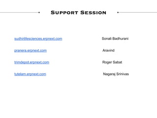 Support Session
sudhirlifesciences.erpnext.com Sonali Badhurani
pranera.erpnext.com Aravind
trimdepot.erpnext.com Roger Sabat
tutelam.erpnext.com Nagaraj Srinivas
 