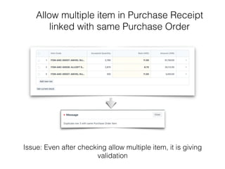 Allow multiple item in Purchase Receipt
linked with same Purchase Order
Issue: Even after checking allow multiple item, it is giving
validation
 
