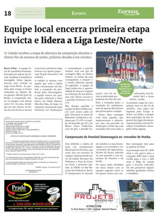18
Equipe local encerra primeira etapa
invicta e lidera a Liga Leste/Norte
Cidade recebeu a etapa de abertura da competição durante o
último fim de semana de junho; próximo desafio é em outubro
Partida mais
acirrada foi
disputada contra
a equipe do
Marcílio Dias
Litoral Norte, SC 1º/07/2017
www.expressodaspraias.com.br Esporte
Campeonato de Dominó homenageia ex-vereador de Penha
Está definida a tabela de
mais um Campeonato
Municipal de Dominó, que
neste ano vai envolver 12
equipes representando ba-
res da cidade. Recanto dos
Pinheiros e Vino do Giná-
sio farão a primeira par-
tida, às 19h30, no Bar Re-
canto dos Pinheiros, dia 21.
O campeonato se estende
até outubro e a taça home-
nageia o ex-vereador e ex-
-secretário de Agricultura,
Alcides de Souza, falecido
no ano passado e um en-
tusiasta do dominó e da
bocha.
Os times estão divididos
em duas chaves com as
equipes jogando entre si.
Os quatro times com me-
Barra Velha - A equipe lo-
cal de handebol feminino,
formada por atletas da Es-
cola Estadual Conselheiro
Astrogildo Odon Aguiar,
estreou com vitórias na
Liga Leste/Norte. As par-
tidas pelo Grupo A foram
realizadas no sábado, 24,
no ginásio Alfredo José de
Borba. A competição reú-
ne 14 equipes com atletas
entre 12 e 14 anos, dividi-
das em três chaves. As do-
nas da casa foram as únicas
Foto: Alan Willian
a encerrar a primeira etapa
invictas em quatro jogos -
com 74 gols marcados e 44
sofridos.
A rodada se iniciou com
aquele que seria o duelo
mais emocionante do dia.
Sob o comando do pro-
fessor Jairo Hermógenes,
a equipe entrou em qua-
dra para enfrentar o forte
elenco do Clube Náutico
Marcílio Dias, de Itajaí. As
visitantes mostravam mais
eficiência nas finalizações
e comandaram a partida
sempre com um gol de
vantagem. Mas, no último
minuto, as donas da casa
conseguiram o empate e
a virada. Faltando apenas
10 segundos, a equipe de
Itajaí ainda teve a oportu-
nidade de buscar o empate
na cobrança do tiro direto,
mas não obteve sucesso e
a partida terminou em 15
a 14.
Nas demais partidas a
equipe de Barra Velha ven-
ceu com maior saldo de
gols. Derrotou os times de
Balneário Camboriú e Ita-
pema por 17 a 07 e a equi-
pe de Joinville por 25 a 16.
Maria Clara Collicchio,
com 18 gols, e Jamille Ge-
ASSOCIAÇÃO ASSISTENCIAL PERPÉTUO SOCORRO
Av. Vereador João Figueredo, 1011
CNPJ 76.701.515/0001-80
Utilidade Pública Municipal Lei 352/89
Utilidade Pública Estadual Lei 702/87
Utilidade Pública Federal CNAS – 28010000248/93-25
Balneário Piçarras – SC
ass.per.socorro@bol.com.br
EDITAL DE CONVOCAÇÃO ASSEMBLEIA GERAL ORDINÁRIA
	 A Presidente da Associação Assistencial Perpétuo Socorro, no uso das atribui-
ções que lhe confere o Estatuto Social, convoca os Associados desta entidade, em gozo
de seus direitos associativos, para participarem da ASSEMBLEIA GERAL ORDINÁRIA a
ser realizada no dia 20 de julho de 2017, às 15 horas, na Sede da Associação, sita na Av.
Vereador João Figueredo, 1011 – Centro – Balneário Piçarras, em primeira convocação,
ou 15 minutos após, com qualquer número de associados presentes, para deliberarem
sobre a seguinte ORDEM DO DIA:
1- Eleição e posse da nova diretoria para o biênio 2017 a 2019.
2- A inscrição deverá ocorrer na Secretaria da AAPS até 15 (quinze) dias antes da elei-
ção, que se realizará dentre as chapas devidamente inscritas.
3- Somente poderão integrar as chapas associadas, contribuintes que comprovem a
frequência regular há pelo menos 1 (um) ano.
Balneário Piçarras, 27 de junho de 2017.
Ivete MariaTelles Pimenta
PRESIDENTE
nauck, com 16, fo-
ram as principais go-
leadoras do time da casa.
Para o treinador Jairo, o
resultado foi satisfatório,
mas ele aponta dois fatores
que preocupam a equipe:
- Nosso time consegue
criar boas jogadas, que
impressionam o adversá-
rio, mas está pecando na
finalização. A bola não está
entrando. Por outro lado, o
A PEDIDO
adversário está fu-
rando fácil a nossa
defesa - avalia.
A próxima etapa da com-
petição será no dia 21 de
outubro, com jogos em
Itapema pelo Grupo A.
Antes, em julho, a equipe
deve participar da fase re-
gional dos Jogos Escolares,
representando a Escola Es-
tadual Conselheiro Astro-
gildo Odon Aguiar.
lhor pontuação irão para
as quartas de final.
A premiação será de 1.200
reais e um porco para o
campeão, 800 reais e uma
ovelha para o vice e 400
reais e 30kg de costela
para o terceiro colocado.
Os três primeiros lugares
também ganharão troféus
e medalhas.
 