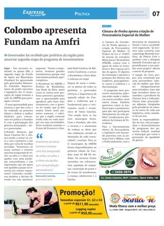 07Litoral Norte, SC 1º/07/2017
www.expressodaspraias.com.brPolítica
Governador foi recebido por prefeitos da região para
anunciar segunda etapa do programa de investimentos
Colombo apresenta
Fundam na Amfri
Itajaí - Em encontro re-
alizado na quarta (28), a
segunda etapa do Fundo
de Apoio aos Municípios
(Fundam) foi apresentada
pelo governador Raimun-
do Colombo. Represen-
tantes do poder executivo
e legislativo dos 11 muni-
cípios da região lotaram a
sede da AMFRI para pres-
tigiar o evento.
- É uma oportunidade para
mostrar o que deu certo e
foi realizado na primeira
edição e definir a melhor
dinâmica para colocar-
mos em prática o Fundam
2, com a participação dos
gestores municipaiis - dis-
se o governador.
Colombo destacou que
Santa Catarina foi o últi-
mo estado a entrar na cri-
se e será o primeiro a sair
dela, por conta de escolhas
acertadas. “Investimos no
nosso turismo e tivemos
uma boa temporada de ve-
rão; na safra, e o clima nos
ajudou com uma produ-
ção extraordinária; e nas
exportações que até agora
tem ajudado a puxar a eco-
nomia em setores impor-
tantes”. Colombo conside-
rou também a decisão do
estado em não aumentar
impostos. “Somos compe-
titivos, atraímos grandes
investimentos porque está
mais barato produzir aqui”,
completou.
A Presidente da AMFRI e
Prefeita de Bombinhas,
Ana Paula da Silva, assim
como os outros nove pre-
feitos presentes aproveita-
ram a oportunidade para
agradecer pelo bom rela-
cionamento com o gover-
no do estado, que já deu
muitos frutos neste pri-
meiro semestre, e solici-
tar que a região continue
tendo cada vez mais aten-
ção em suas necessidades.
Entre os pleitos constam: o
Centro de Eventos e o Hos-
“Investimos no nosso
turismo e tivemos
uma boa temporada
de verão; na safra, e
o clima nos ajudou
com uma produção
extraordinária”
Raimundo Colombo,
governador de SC
pital Ruth Cardoso de Bal-
neário Camboriú, o acesso
a Bombinhas e Porto Belo,
e rodovias em Itajaí.
Depois de ouvir e conhe-
cer os pleitos de todos os
prefeitos, o governador
reforçou a importância da
segunda edição do Fun-
dam e reafirmou que é
fundamental para o cres-
cimento social e econô-
mico de Santa Catarina.
“Um estado forte se faz
com municípios fortes.
Com o Fundam, eles têm
o recurso e a autonomia
de realizar as obras que
vão, realmente, atender às
demandas de cada comu-
nidade”, concluiu. Para os
11 municípios da AMFRI
foram disponibilizados na
primeira edição do Fun-
dam mais de R$ 30 mi-
lhões. Os recursos foram
investidos em infraestru-
tura, aquisição de máqui-
nas, construção de ponte e
de centro de atendimento
à criança, adolescente e à
família.
Câmara de Penha aprova criação de
Procuradoria Especial da Mulher
A Câmara de Vereado-
res de Penha aprovou a
criação da Procuradoria
Especial da Mulher. O
Projeto de Lei nº 3/2017,
de autoria da vereadora
Maria Juraci Alexandrino
(PMDB), contou com o
apoio de todos os verea-
dores e deve vigorar até o
fim de agosto. O objetivo
da instituição é garantir a
proteção dos direitos das
mulheres, principalmen-
te contra a violência e a
discriminação.
- O programa deve pro-
mover seminários, pales-
tras sobre saúde e violên-
cia contra a mulher, entre
outros temas. Também
queremos trazer as mu-
lheres para o parlamento,
para que elas participem
efetivamente da vida pú-
blica”, ressalta Juraci, pre-
sidente da Câmara de Ve-
readores.
Para o funcionamento
efetivo da Procuradoria,
o legislativo está buscan-
do parcerias com as po-
lícias Civil e Militar, com
o Poder Judiciário, com a
DIREITOS
Secretaria de Assistência
Social e com a sociedade
civil organizada. “Já tive-
mos uma conversa com
a psicóloga Brunella Gui-
doni, da Polícia Civil e
também com a delegada
Danielle Gonzalez que se
prontificaram a nos auxi-
liar neste projeto”, afirma
a autora da proposta.
A equipe do novo pro-
jeto será constituída por
uma procuradora espe-
cial da mulher que deve
ser obrigatoriamente
uma vereadora. Caso não
haja vereadora eleita no
mandato, o presidente da
Câmara fará a indicação.
Outras duas procurado-
ras adjuntas, designadas
pela presidente da câma-
ra no início de cada ano
legislativo, terão manda-
to de um ano.
Entre as responsabilida-
des do trio, está acompa-
nhar o desenvolvimento
de programas dos go-
vernos federal, estadual
e municipal que visem à
promoção da igualdade
de gênero.
 