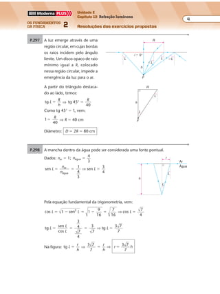 os fundamentos
da física 2
4
Unidade E
Capítulo 13 Refração luminosa
Resoluções dos exercícios propostosExercícios propostos
Os fundamentos da Física • Volume 42 • Capítulo 13
P.298 A mancha dentro da água pode ser considerada uma fonte pontual.
Dados: nar � 1; nágua
4
3
�
sen
1
4
3
sen
3
4
ar
água
L
n
n
L� � �⇒
P.297 A luz emerge através de uma
região circular, em cujas bordas
os raios incidem pelo ângulo
limite. Um disco opaco de raio
mínimo igual a R, colocado
nessa região circular, impede a
emergência da luz para o ar.
�L
�LLL
h
R
i � 0°
F
A partir do triângulo destaca-
do ao lado, temos:
tg L
R
h
� ⇒ tg 45
40
° �
R
Como tg 45° � 1, vem:
1
40
�
R
⇒ R � 40 cm
Diâmetro: D � 2R � 80 cm
L
L
h
R
F
r
Ar
Água
h
L
L
Pela equação fundamental da trigonometria, vem:
cos 1 sen 1
9
16
7
16
cos
7
4
2
L L L� � � � � �⇒
tg
sen
cos
3
4
7
4
3
7
tg
3 7
7
L
L
L
L� � � �⇒
Na figura: tg L
r
h
� ⇒
3 7
7
3 7
7
� �
r
h
r h⇒
 