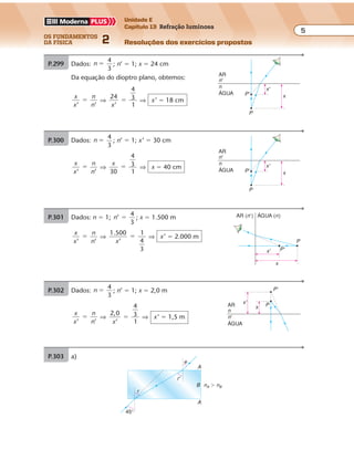 os fundamentos
da física 2
5
Unidade E
Capítulo 13 Refração luminosa
Resoluções dos exercícios propostosExercícios propostos
Os fundamentos da Física • Volume 52 • Capítulo 13
P.299 Dados: n
4
3
� ; n’ � 1; x � 24 cm
Da equação do dioptro plano, obtemos:
x
x
n
n’ ’
� ⇒
24
’
4
3
1x
� ⇒ x’ � 18 cm
P.300 Dados: n
4
3
� ; n’ � 1; x’ � 30 cm
x
x
n
n’ ’
� ⇒
x
30
4
3
1
� ⇒ x � 40 cm
P.301 Dados: n � 1; n’
4
3
� ; x � 1.500 m
x
x
n
n’ ’
� ⇒
1.500
’
1
4
3
x
� ⇒ x’ � 2.000 m
P.302 Dados: n
4
3
� ; n’ � 1; x � 2,0 m
x
x
n
n’ ’
� ⇒
2,0
’
4
3
1x
� ⇒ x’ � 1,5 m
P.303 a)
e
r
A
A
B
r'
nA � nB
45°
n'
AR
ÁGUA
n
P'
x'
x
P
ÁGUA (n)AR (n' )
x' P'
P
x
x'
x
n
'
AR
ÁGUA
n
P
P'
n'
AR
ÁGUA
n
P'
x'
x
P
 