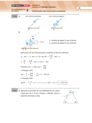 os fundamentos
da física 2
13
Unidade E
Capítulo 13 Refração luminosa
Resoluções dos exercícios propostos
13 13AC �
Substituindo � em �, obtemos: n n2 2
1
1
13
13
2
� �
2 �
⇒
Aplicando a lei de Snell-Descartes à interface ar-lâmina, obtemos:
nar � sen i � n � sen r ⇒ 1,0 � sen 45° � 5 2
6
� sen r ⇒
⇒
2
2
5 2
6
sen en 0,6� �� r s r⇒
Portanto: cos r � 0,8 e tg
0,6
0,8
r �
P.324 a) Sem a lâmina de plástico Com a lâmina de plástico
S1
T T
S2
O O
E
b)
45°
e � 1,2 cm
S1 S2
rB
A O
C
y
x
n
x
D
S1: sombra do objeto O sem a lâmina.
S2: sombra do objeto O com a lâmina.
Exercícios propostos
Os fundamentos da Física • Volume 142 • Capítulo 13
• Triângulo ACD:
tg
0,6
0,8 1,2
0,9 cmr
y
e
y
y� � �⇒ ⇒
• Triângulo ABD:
tg 45° ⇒�
�
� �
x y
e
x y e ⇒ x � 0,9 � 1,2 ⇒ x � 0,3 cm
P.325 a) Aplicando o princípio da reversibilidade da luz e obser-
vando que em A ocorre refração e reflexão, temos a
trajetória ilustrada ao lado.
B
A
60°
60°
60°
b) Aplicando a lei de Snell-Descartes à primeira face,
vem:
nvidro � sen i � nvácuo � sen r
nvidro � sen 30° � 1 � sen 60°
nvidro �
1
2
1
3
2
� �
nvácuo � 1
nvidro 60°
60°
30°
60°
i � 30°
r � 60°
60°
Exercícios propostos
Os fundamentos da Física • Volume 142 • Capítulo 13
• Triângulo ACD:
tg
0,6
0,8 1,2
0,9 cmr
y
e
y
y� � �⇒ ⇒
• Triângulo ABD:
tg 45° ⇒�
�
� �
x y
e
x y e ⇒ x � 0,9 � 1,2 ⇒ x � 0,3 cm
P.325 a) Aplicando o princípio da reversibilidade da luz e obser-
vando que em A ocorre refração e reflexão, temos a
trajetória ilustrada ao lado.
B
A
60°
60°
60°
b) Aplicando a lei de Snell-Descartes à primeira face,
vem:
nvidro � sen i � nvácuo � sen r
nvidro � sen 30° � 1 � sen 60°
nvidro �
1
2
1
3
2
� �
nvácuo � 1
nvidro 60°
60°
30°
60°
i � 30°
r � 60°
60°
 