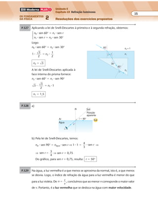 os fundamentos
da física 2
15
Unidade E
Capítulo 13 Refração luminosa
Resoluções dos exercícios propostos
nvidro � sen 30° � 1 � sen 60°
nvidro �
1
2
1
3
2
� �
nvidro � 3
nvácuo � 1
nvidro 60°
60°
60°
P.326 Aplicando a lei de Snell-Descartes à primeira e à segunda refração, obtemos:
n0 � sen 60° � n1 � sen r
n1 � sen r � n2 � sen 30°
Logo:
n0 � sen 60° � n2 � sen 30°
1
3
2
1
2
2� �� n
n2 3�
A lei de Snell-Descartes aplicada à
face interna do prisma fornece:
n2 � sen 60° � n1 � sen 90°
3
3
2
11� �� n
n1 � 1,5
n0 = 160°
r r
30°
60°
n1
n2
Exercícios propostos
Os fundamentos da Física • Volume 152 • Capítulo 13
P.327 O ângulo limite entre o ar e o prisma é L � 53° (veja figura).
a) sen menor
maior
L
n
n
�
sen 53 ar
2
° �
n
n
0,80
1,0
2
�
n
n2 � 1,25
Mas: n
c
v
2
2
� ; logo:
1,25
3,0 108
2
�
�
v
⇒ v2 � 2,4 � 108
m/s
b) Lei de Snell-Descartes:
nar � sen 53° � n3 � sen θ
1,0 � 0,80 � 1,6 � sen θ
sen θ � 0,50
θ � 30°
c) Do exercício R.93 vem:
d e
i r
r
sen ( )
cos
�
�
�
d D
sen (53 )
cos
�
�
�
° θ
θ
d 2,0
sen (53 30 )
cos 30
�
�
�
° °
°
d 2,0
0,40
0,87
� �
d � 0,92 cm
n2
θ
53°
53°
53°
A
B C
d
D
n3
nar
P.328 Na água, a luz vermelha é a que menos se aproxima da normal, isto é, a que menos
se desvia. Logo, o índice de refração da água para a luz vermelha é menor do que
para a luz violeta. De n
c
v
� , concluímos que ao menor n corresponde o maior valor
de v. Portanto, é a luz vermelha que se desloca na água com maior velocidade.
Exercícios propostos
Os fundamentos da Física • Volume 152 • Capítulo 13
P.327 O ângulo limite entre o ar e o prisma é L � 53° (veja figura).
a) sen menor
maior
L
n
n
�
sen 53 ar
2
° �
n
n
0,80
1,0
2
�
n
n2 � 1,25
Mas: n
c
v
2
2
� ; logo:
1,25
3,0 108
2
�
�
v
⇒ v2 � 2,4 � 108
m/s
b) Lei de Snell-Descartes:
nar � sen 53° � n3 � sen θ
1,0 � 0,80 � 1,6 � sen θ
sen θ � 0,50
θ � 30°
c) Do exercício R.93 vem:
d e
i r
r
sen ( )
cos
�
�
�
d D
sen (53 )
cos
�
�
�
° θ
θ
d 2,0
sen (53 30 )
cos 30
�
�
�
° °
°
d 2,0
0,40
0,87
� �
d � 0,92 cm
n2
θ
53°
53°
53°
A
B C
d
D
n3
nar
P.328 Na água, a luz vermelha é a que menos se aproxima da normal, isto é, a que menos
se desvia. Logo, o índice de refração da água para a luz vermelha é menor do que
para a luz violeta. De n
c
v
� , concluímos que ao menor n corresponde o maior valor
de v. Portanto, é a luz vermelha que se desloca na água com maior velocidade.
Exercícios propostos
Os fundamentos da Física • Volume 162 • Capítulo 13
b) Pela lei de Snell-Descartes, temos:
n � sen 90° � n � sen r ⇒ 1 � 1 �
4
sen� r ⇒
P.329 a)
i � 90°
N
r
Sol
Sol
Posição
aparente
Ar
Água
Exercícios propostos
Os fundamentos da Física • Volume 162 • Capítulo 13
b) Pela lei de Snell-Descartes, temos:
nar � sen 90° � nágua � sen r ⇒ 1 � 1 �
4
3
sen� r ⇒
⇒ sen
3
4
r � ⇒ sen r � 0,75
Do gráfico, para sen r � 0,75, resulta: r � 50°
P.329 a)
i � 90°
N
r
Sol
Sol
Posição
aparente
Ar
Água
P.330 a)
nar � 1,0n
O
A
i C
B
G
Mas: n
c
v
2
2
� ; logo:
1,25
3,0 108
2
�
�
v
⇒ v2 � 2,4 � 108
m/s
b) Lei de Snell-Descartes:
nar � sen 53° � n3 � sen θ
1,0 � 0,80 � 1,6 � sen θ
sen θ � 0,50
θ � 30°
c) Do exercício R.93 vem:
d e
i r
r
sen ( )
cos
�
�
�
d D
sen (53 )
cos
�
�
�
° θ
θ
d 2,0
sen (53 30 )
cos 30
�
�
�
° °
°
d 2,0
0,40
0,87
� �
d � 0,92 cm
P.328 Na água, a luz vermelha é a que menos se aproxima da normal, isto é, a que menos
se desvia. Logo, o índice de refração da água para a luz vermelha é menor do que
para a luz violeta. De n
c
v
� , concluímos que ao menor n corresponde o maior valor
de v. Portanto, é a luz vermelha que se desloca na água com maior velocidade.
 