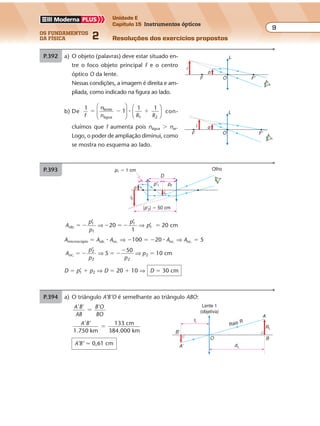 os fundamentos
da física 2
9
Unidade E
Capítulo 15 Instrumentos ópticos
Resoluções dos exercícios propostosExercícios propostos
Os fundamentos da Física • Volume 92 • Capítulo 15
P.392 a) O objeto (palavras) deve estar situado en-
tre o foco objeto principal F e o centro
óptico O da lente.
Nessas condições, a imagem é direita e am-
pliada, como indicado na figura ao lado.
b) De
1
1
1 1lente
água 1 2f
n
n R R
� � �











� con-
cluímos que f aumenta pois nágua � nar.
Logo, o poder de ampliação diminui, como
se mostra no esquema ao lado.
L
O
o
i
F F'
L
O
oi
F'F
A
p
p
p
pob.
1
1
1
1
’
20
’
’ 20 cm� � � � � �⇒ ⇒
1
Amicroscópio � Aob. � Aoc. ⇒ �100 � �20 � Aoc. ⇒ Aoc. � 5
A
p
p p
poc.
2
2 2
25 10 cm� � � �
�
�
’
⇒ ⇒
50
D � p’1 � p2 ⇒ D � 20 � 10 ⇒ D � 30 cm
P.393 Olhop1 � 1 cm
|p'2| � 50 cm
p'1 p2
i2
D
o
i1
P.394 a) O triângulo A’B’O é semelhante ao triângulo ABO:
A'B'
AB
B'O
BO
�
A'B'
1.750 km
133 cm
384.000 km
�
A’B’ � 0,61 cm
f1
dL
Lente 1
(objetiva)
B’
A’
O
Raio R
RL
A
B
 