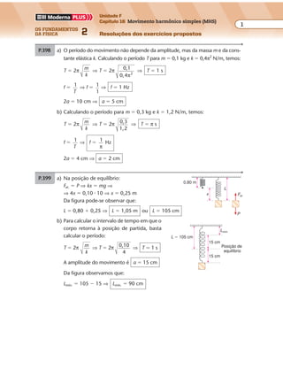 os fundamentos
da física 2
1
Unidade F
Capítulo 16 Movimento harmônico simples (MHS)
Resoluções dos exercícios propostos
Exercícios propostos
Capítulo
16
Movimento harmônico simples (MHS)
P.398 a) O período do movimento não depende da amplitude, mas da massa m e da cons-
tante elástica k. Calculando o período T para m � 0,1 kg e k � 0,4π2
N/m, temos:
T � 2π m
k
⇒ T � 2π 0,1
0,4 2
π
⇒ T � 1 s
f � 1
T
⇒ f � 1
1
⇒ f � 1 Hz
2a � 10 cm ⇒ a � 5 cm
b) Calculando o período para m � 0,3 kg e k � 1,2 N/m, temos:
T � 2π m
k
⇒ T � 2π 0,3
1,2
⇒ T � π s
f � 1
T
⇒ f � 1
π
Hz
2a � 4 cm ⇒ a � 2 cm
P.399 a) Na posição de equilíbrio:
Fel. � P ⇒ kx � mg ⇒
⇒ 4x � 0,10 � 10 ⇒ x � 0,25 m
Da figura pode-se observar que:
L � 0,80 � 0,25 ⇒ L � 1,05 m ou L � 105 cm
b) Para calcular o intervalo de tempo em que o
corpo retorna à posição de partida, basta
calcular o período:
T � 2π m
k
⇒ T � 2π 0,10
4
⇒ T � 1 s
A amplitude do movimento é a � 15 cm
Da figura observamos que:
Lmín. � 105 � 15 ⇒ Lmín. � 90 cm
Fel.
P
L
x
0,80 m
Lmín.
L � 105 cm
15 cm
15 cm
Posição de
equilíbrio
 