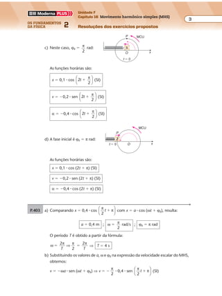 os fundamentos
da física 2
3
Unidade F
Capítulo 16 Movimento harmônico simples (MHS)
Resoluções dos exercícios propostosExercícios propostos
Os fundamentos da Física • Volume 32 • Capítulo 16
c) Neste caso, ϕ0 � π
2
rad:
MCU
t � 0
xO
S
P
As funções horárias são:
x � 0,1 � cos 2
2
t �
π




 (SI)
v � �0,2 � sen 2
2
t �
π




 (SI)
α � �0,4 � cos 2
2
t �
π




 (SI)
d) A fase inicial é ϕ0 � π rad:
MCU
t � 0 xO
P
Z
As funções horárias são:
x � 0,1 � cos (2t � π) (SI)
v � �0,2 � sen (2t � π) (SI)
α � �0,4 � cos (2t � π) (SI)
P.403 a) Comparando x � 0,4 � cos
π
π
2
t �





 com x � a � cos (ωt � ϕ0), resulta:
a � 0,4 m ; ω � π
2
rad/s ; ϕ0 � π rad
O período T é obtido a partir da fórmula:
ω
π π π2
2
2
� �
T T
⇒ ⇒ T � 4 s
b) Substituindo os valores de a, ω e ϕ0 na expressão da velocidade escalar do MHS,
obtemos:
v � �ωa � sen (ωt � ϕ0) ⇒ v � �
π
2
� 0,4 � sen
π
π
2
t �





 (SI)
 