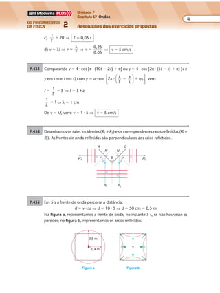 os fundamentos
da física 2
4
Unidade F
Capítulo 17 Ondas
Resoluções dos exercícios propostos
Exercícios propostos
Os fundamentos da Física • Volume 42 • Capítulo 17
c)
1
20
T
� ⇒ T � 0,05 s
d) v � λf ⇒ v
T
�
λ
⇒ v
0,25
0,05
� ⇒ v � 5 cm/s
P.433 Comparando y � 4 � cos [π � (10t � 2x) � π] ou y � 4 � cos [2π � (5t � x) � π] (x e
y em cm e t em s) com y � a � cos 2 0π
λ
ϕ� t
T
x
� �








, vem:
f �
1
5
T
� ⇒ f � 5 Hz
1
1
λ
� ⇒ λ � 1 cm
De v � λf, vem: v � 1 � 5 ⇒ v � 5 cm/s
P.434 Desenhamos os raios incidentes (R1 e R2) e os correspondentes raios refletidos (R’1 e
R’2). As frentes de onda refletidas são perpendiculares aos raios refletidos.
rR'1
N
A C
B
N'
R'2
R2R1
r
i i
P.435 Em 5 s a frente de onda percorre a distância:
d � v � ∆t ⇒ d � 10 � 5 ⇒ d � 50 cm � 0,5 m
Na figura a, representamos a frente de onda, no instante 5 s, se não houvesse as
paredes; na figura b, representamos os arcos refletidos:
0,4 m
0,5 m
Figura a Figura b
 