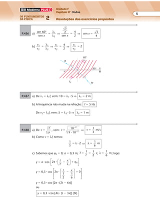 os fundamentos
da física 2
5
Unidade F
Capítulo 17 Ondas
Resoluções dos exercícios propostosExercícios propostos
Os fundamentos da Física • Volume 52 • Capítulo 17
P.436 a)
sen 60
sen
1
2
°
x
�
λ
λ
⇒
3
2
sen
4
2x
� ⇒ sen
3
4
x �
b)
v
v
1
2
1
2
�
λ
λ
⇒
v
v
1
2
4
2
� ⇒
v
v
1
2
2�
60°
60°
I
IIx
x
R
R'
λ1
λ2
P.437 a) De v1 � λ1f, vem: 10 � λ1 � 5 ⇒ λ1 � 2 m
b) A frequência não muda na refração: f � 5 Hz
De v2� λ2f, vem: 5 � λ2 � 5 ⇒ λ2 � 1 m
P.438 a) De v
T
�
µ
, vem: v
10
9 10
2
2
�
�
�
�
⇒ v
1
3
m/s�
b) Como v � λf, temos:
1
3
2� λ � ⇒ λ
1
6
m�
c) Sabemos que ϕ0 � 0; a � 0,3 m; T
f
1 1
2
s� � ; λ
1
6
m� ; logo:
y � a � cos 2 0π
λ
ϕ� t
T
x
� �









y � 0,3 � cos 2
1
2
1
6
0π �
t x
� �
















y � 0,3 � cos [2π � (2t � 6x)]
ou
y � 0,3 � cos [4π � (t � 3x)] (SI)
 