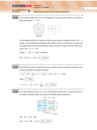 os fundamentos
da física 2
9
Unidade F
Capítulo 17 Ondas
Resoluções dos exercícios propostosExercícios propostos
Os fundamentos da Física • Volume 92 • Capítulo 17
P.448 Se as ondas chegam de 10 em 10 segundos a um ponto da margem, concluímos
que o período é: T � 10 s
30 cm/s
v
A velocidade da boia em relação à onda (ou da onda em relação à boia) é 30 � v,
sendo v a velocidade de propagação das ondas. Assim, se a bóia leva 5 s para ir de
uma depressão a outra, transpondo 8 cristas, concluímos que a bóia se desloca 8λ.
Logo: (30 � v) � 5 � 8λ
Sendo v
T
v 0,1 ,� �
λ
λ⇒ obtemos:
(30 � 0,1λ) � 5 � 8λ ⇒ λ � 20 cm
P.449 O período da onda é o período com que as gotas tocam a superfície da água e esse
é igual ao tempo de queda das gotas:
s s v t gt
1
2
0 0
2
� � � ⇒ s gt
1
2
2
� ⇒ 3,2 � 5t2
⇒ t � 0,8 s
Logo: T � 0,8 s
v � λf ⇒ v
T
�
λ
⇒ 15
0,8
�
λ
⇒ λ � 12 cm
P.450 Com velocidade 2,0 m/s, em 1,5 s a crista AB percorrerá 3,0 m. Como está a 2,0 m
da região tracejada, parte da crista será refletida pelas comportas:
45°
2,0 m
1,0 m
45°
A
C
D
B
4,0 m
A'
B'
(t � 0) (t � 1,5 s)
AB � A’C � CD � DB’
4,0 � 1,0 � A’B’ � 1,0 ⇒ A’B’ � 2,0 m
0 0
 