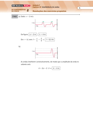 os fundamentos
da física 2
5
Unidade F
Capítulo 18 Interferência de ondas
Resoluções dos exercícios propostosExercícios propostos
Os fundamentos da Física • Volume 52 • Capítulo 18
As ondas interferem construtivamente, de modo que a amplitude da onda re-
sultante será:
A � 2a � 2 � 2 ⇒ A � 4 m
P.465 a) Dado: v � 2 m/s
Da figura: a � 2 m ; λ � 4 m
De v � λf, vem: f �
v
λ
2
4
� ⇒ f � 0,5 Hz
1 m
1 m
b)
1 m
1 m
 