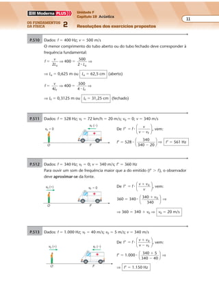 os fundamentos
da física 2
11
Unidade F
Capítulo 19 Acústica
Resoluções dos exercícios propostosExercícios propostos
Os fundamentos da Física • Volume 112 • Capítulo 19
P.510 Dados: f � 400 Hz; v � 500 m/s
O menor comprimento do tubo aberto ou do tubo fechado deve corresponder à
frequência fundamental:
f
v
L L
400
500
2a a
� �
2
⇒ ⇒
�
⇒ La � 0,625 m ou La � 62,5 cm (aberto)
f
v
L L4
400
500
4f f
� �⇒ ⇒
�
⇒ Lf � 0,3125 m ou Lf � 31,25 cm (fechado)
P.511 Dados: f � 528 Hz; vF � 72 km/h � 20 m/s; v0 � 0; v � 340 m/s
De f f
v
v v
’
F
�
�
�





 , vem:
f’ � 528 �
340
340 20�




⇒ f’ � 561 Hz
vF (�)
v0 � 0
O F
P.512 Dados: f � 340 Hz; vF � 0; v � 340 m/s; f’ � 360 Hz
Para ouvir um som de frequência maior que a do emitido (f’ � f), o observador
deve aproximar-se da fonte.
De f f
v v
v
’ 0
�
�
�





 , vem:
360 � 340 �
3
340
40 0� v




 ⇒
⇒ 360 � 340 � v0 ⇒ v0 � 20 m/s
v0 (�) vF � 0
O F
P.513 Dados: f � 1.000 Hz; vF � 40 m/s; v0 � 5 m/s; v � 340 m/s
De f f
v v
v v
’ 0
F
�
�
�
�





 , vem:
f’ � 1.000 �
3
340
40 5
40
�
�




⇒
⇒ f’ � 1.150 Hz
v0 (�) vF (�)
O F
 