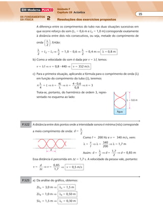 os fundamentos
da física 2
15
Unidade F
Capítulo 19 Acústica
Resoluções dos exercícios propostosExercícios propostos
Os fundamentos da Física • Volume 152 • Capítulo 19
A diferença entre os comprimentos do tubo nas duas situações sucessivas em
que ocorre reforço do som (L1 � 0,6 m e L2 � 1,0 m) corresponde exatamente
à distância entre dois nós consecutivos, ou seja, metade do comprimento de
onda λ
2





 . Então:
λ λ λ
λ
2 2 2
1,0 0,6 0,4 m 0,8 m2 1� � � � � �L L ⇒ ⇒ ⇒
b) Como a velocidade do som é dada por v � λf, temos:
v � λf ⇒ v � 0,8 � 440 ⇒ v � 352 m/s
c) Para a primeira situação, aplicando a fórmula para o comprimento de onda (λ)
em função do comprimento do tubo (L), teremos:
n L n
L
n n
λ
λ4
4 4 0,6
0,8
3� � � �⇒ ⇒ ⇒
�
Trata-se, portanto, do harmônico de ordem 3, repre-
sentado no esquema ao lado:
Água
L � 0,6 m
P.522 A distância entre dois pontos onde a intensidade sonora é mínima (nós) corresponde
a meio comprimento de onda: d �
λ
2
Como f � 200 Hz e v � 340 m/s, vem:
λ λ λ
340
200
1,7 m� � �
v
f
⇒ ⇒
Assim: d d d
2
1,7
2
0,85 m� � �
λ
⇒ ⇒
Essa distância é percorrida em ∆t � 1,7 s. A velocidade da pessoa vale, portanto:
v
d
t
v
0,85
1,7
� �
∆
⇒ ⇒ v � 0,5 m/s
d
P.523 a) Da análise do gráfico, obtemos:
2λA � 3,0 m ⇒ λA � 1,5 m
2λB � 1,0 m ⇒ λB � 0,50 m
5λC � 1,5 m ⇒ λC � 0,30 m
 