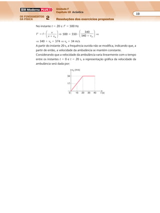 os fundamentos
da física 2
19
Unidade F
Capítulo 19 Acústica
Resoluções dos exercícios propostosExercícios propostos
Os fundamentos da Física • Volume 192 • Capítulo 19
t (s)
va (m/s)
10 20
34
17
30 400
No instante t � 20 s: f’ � 500 Hz
f f
v
v v
’
a
�
�
�





 ⇒ 500 � 550 �
340
340 a� v





 ⇒
⇒ 340 � va � 374 ⇒ va � 34 m/s
A partir do instante 20 s, a freq ência ouvida não se modifica, indicando que, a
partir de então, a velocidade da ambulância se mantém constante.
Considerando que a velocidade da ambulância varia linearmente com o tempo
entre os instantes t � 0 e t � 20 s, a representação gráfica da velocidade da
ambulância será dada por:
 