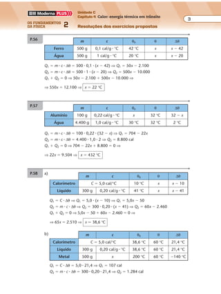 os fundamentos
da física 2
3
Unidade C
Capítulo 4 Calor: energia térmica em trânsito
Resoluções dos exercícios propostosExercícios propostos
Os fundamentos da Física • Volume 32 • Capítulo 4
m c θ0 θ ∆θ
Ferro 500 g 0,1 cal/g � °C 42 °C x x � 42
Água 500 g 1 cal/g � °C 20 °C x x � 20
P.56
Q1 � m � c � ∆θ � 500 � 0,1 � (x � 42) ⇒ Q1 � 50x � 2.100
Q2 � m � c � ∆θ � 500 � 1 � (x � 20) ⇒ Q2 � 500x � 10.000
Q1 � Q2 � 0 ⇒ 50x � 2.100 � 500x � 10.000 ⇒
⇒ 550x � 12.100 ⇒ x � 22 °C
P.57
Q1 � m � c � ∆θ � 100 � 0,22 � (32 � x) ⇒ Q1 � 704 � 22x
Q2 � m � c � ∆θ � 4.400 � 1,0 � 2 ⇒ Q2 � 8.800 cal
Q1 � Q2 � 0 ⇒ 704 � 22x � 8.800 � 0 ⇒
⇒ 22x � 9.504 ⇒ x � 432 °C
m c θ0 θ ∆θ
Alumínio 100 g 0,22 cal/g � °C x 32 °C 32 � x
Água 4.400 g 1,0 cal/g � °C 30 °C 32 °C 2 °C
P.58 a)
Q1 � C � ∆θ ⇒ Q1 � 5,0 � (x � 10) ⇒ Q1 � 5,0x � 50
Q2 � m � c � ∆θ ⇒ Q2 � 300 � 0,20 � (x � 41) ⇒ Q2 � 60x � 2.460
Q1 � Q2 � 0 ⇒ 5,0x � 50 � 60x � 2.460 � 0 ⇒
⇒ 65x � 2.510 ⇒ x � 38,6 °C
m c θ0 θ ∆θ
Calorímetro C � 5,0 cal/°C 10 °C x x � 10
Líquido 300 g 0,20 cal/g � °C 41 °C x x � 41
m c θ0 θ ∆θ
Calorímetro C � 5,0 cal/°C 38,6 °C 60 °C 21,4 °C
Líquido 300 g 0,20 cal/g � °C 38,6 °C 60 °C 21,4 °C
Metal 500 g x 200 °C 60 °C �140 °C
b)
Q1 � C � ∆θ � 5,0 � 21,4 ⇒ Q1 � 107 cal
Q2 � m � c � ∆θ � 300 � 0,20 � 21,4 ⇒ Q2 � 1.284 cal
 