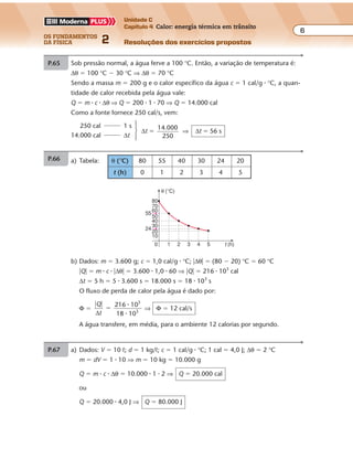 os fundamentos
da física 2
6
Unidade C
Capítulo 4 Calor: energia térmica em trânsito
Resoluções dos exercícios propostos
Exercícios propostos
P.65 a) Vidro: m1 � 500 g; c1 � 0,20 cal/g � °C
Água: m2 � 500 g; c2 � 1,0 cal/g � °C
Q1 � m1 � c1 � ∆θ ⇒ Q1 � 500 � 0,20 � ∆θ ⇒ Q1 � 100 � ∆θ
Q2 � m2 � c2 � ∆θ ⇒ Q2 � 500 � 1,0 � ∆θ ⇒ Q2 � 500 � ∆θ
Q
Q
Q
Q
2
1
2
1
500
100
5� �
�
�
∆
∆
θ
θ
⇒
b) ∆θ � 1,0 °C
Q1 � 100 � 1,0 ⇒ Q1 � 100 cal
Q2 � 500 � 1,0 ⇒ Q2 � 500 cal
Q � Q1 � Q2 ⇒ Q � 100 � 500 ⇒ Q � 600 cal
P.66 a) Tabela:
b) Dados: m � 3.600 g; c � 1,0 cal/g � °C; �∆θ� � (80 � 20) °C � 60 °C
�Q� � m � c � �∆θ� � 3.600 � 1,0 � 60 ⇒ �Q� � 216 � 103
cal
∆t � 5 h � 5 � 3.600 s � 18.000 s � 18 � 103
s
O fluxo de perda de calor pela água é dado por:
Φ �
� �
�
Q
t∆
216 10
18 10
3
3
�
�
⇒ Φ � 12 cal/s
A água transfere, em média, para o ambiente 12 calorias por segundo.
θ (°C) 80 55 40 30 24 20
t (h) 0 1 2 3 4 5
0 1 2 3 4 5
10
20
24
30
40
50
60
55
70
80
θ (°C)
t (h)
P.67 a) Dados: V � 10 º; d � 1 kg/º; c � 1 cal/g � °C; 1 cal � 4,0 J; ∆θ � 2 °C
m � dV � 1 � 10 ⇒ m � 10 kg � 10.000 g
Q � m � c � ∆θ � 10.000 � 1 � 2 ⇒ Q � 20.000 cal
ou
Q � 20.000 � 4,0 J ⇒ Q � 80.000 J
Exercícios propostos
P.65 a) Vidro: m1 � 500 g; c1 � 0,20 cal/g � °C
Água: m2 � 500 g; c2 � 1,0 cal/g � °C
Q1 � m1 � c1 � ∆θ ⇒ Q1 � 500 � 0,20 � ∆θ ⇒ Q1 � 100 � ∆θ
Q2 � m2 � c2 � ∆θ ⇒ Q2 � 500 � 1,0 � ∆θ ⇒ Q2 � 500 � ∆θ
Q
Q
Q
Q
2
1
2
1
500
100
5� �
�
�
∆
∆
θ
θ
⇒
b) ∆θ � 1,0 °C
Q1 � 100 � 1,0 ⇒ Q1 � 100 cal
Q2 � 500 � 1,0 ⇒ Q2 � 500 cal
Q � Q1 � Q2 ⇒ Q � 100 � 500 ⇒ Q � 600 cal
P.66 a) Tabela:
b) Dados: m � 3.600 g; c � 1,0 cal/g � °C; �∆θ� � (80 � 20) °C � 60 °C
�Q� � m � c � �∆θ� � 3.600 � 1,0 � 60 ⇒ �Q� � 216 � 103
cal
∆t � 5 h � 5 � 3.600 s � 18.000 s � 18 � 103
s
O fluxo de perda de calor pela água é dado por:
Φ �
� �
�
Q
t∆
216 10
18 10
3
3
�
�
⇒ Φ � 12 cal/s
A água transfere, em média, para o ambiente 12 calorias por segundo.
θ (°C) 80 55 40 30 24 20
t (h) 0 1 2 3 4 5
0 1 2 3 4 5
10
20
24
30
40
50
60
55
70
80
θ (°C)
t (h)
P.67 a) Dados: V � 10 º; d � 1 kg/º; c � 1 cal/g � °C; 1 cal � 4,0 J; ∆θ � 2 °C
m � dV � 1 � 10 ⇒ m � 10 kg � 10.000 g
Q � m � c � ∆θ � 10.000 � 1 � 2 ⇒ Q � 20.000 cal
ou
Q � 20.000 � 4,0 J ⇒ Q � 80.000 J
c mB A2
Como mB � 30mA, vem:
c
c
m
m
c
c
A
B
A
A
A
B
30
2
15� �⇒
P.64 Sob pressão normal, a água ferve a 100 °C. Então, a variação de temperatura é:
∆θ � 100 °C � 30 °C ⇒ ∆θ � 70 °C
Sendo a massa m � 200 g e o calor específico da água c � 1 cal/g � °C, a quan-
tidade de calor recebida pela água vale:
Q � m � c � ∆θ ⇒ Q � 200 � 1 � 70 ⇒ Q � 14.000 cal
Como a fonte fornece 250 cal/s, vem:
250 cal 1 s
14.000 cal ∆t
∆ ∆t t
14.000
250
56 s� �⇒
Exercícios propostos
Os fundamentos da Física • Volume 62 • Capítulo 4
P.65 a) Vidro: m1 � 500 g; c1 � 0,20 cal/g � °C
Água: m2 � 500 g; c2 � 1,0 cal/g � °C
Q1 � m1 � c1 � ∆θ ⇒ Q1 � 500 � 0,20 � ∆θ ⇒ Q1 � 100 � ∆θ
Q2 � m2 � c2 � ∆θ ⇒ Q2 � 500 � 1,0 � ∆θ ⇒ Q2 � 500 � ∆θ
Q
Q
Q
Q
2
1
2
1
500
100
5� �
�
�
∆
∆
θ
θ
⇒
b) ∆θ � 1,0 °C
Q1 � 100 � 1,0 ⇒ Q1 � 100 cal
Q2 � 500 � 1,0 ⇒ Q2 � 500 cal
Q � Q1 � Q2 ⇒ Q � 100 � 500 ⇒ Q � 600 cal
P.66 a) Tabela:
b) Dados: m � 3.600 g; c � 1,0 cal/g � °C; �∆θ� � (80 � 20) °C � 60 °C
�Q� � m � c � �∆θ� � 3.600 � 1,0 � 60 ⇒ �Q� � 216 � 103
cal
∆t � 5 h � 5 � 3.600 s � 18.000 s � 18 � 103
s
O fluxo de perda de calor pela água é dado por:
Φ �
� �
�
Q
t∆
216 10
18 10
3
3
�
�
⇒ Φ � 12 cal/s
A água transfere, em média, para o ambiente 12 calorias por segundo.
θ (°C) 80 55 40 30 24 20
t (h) 0 1 2 3 4 5
0 1 2 3 4 5
10
20
24
30
40
50
60
55
70
80
θ (°C)
t (h)
P.67 a) Dados: V � 10 º; d � 1 kg/º; c � 1 cal/g � °C; 1 cal � 4,0 J; ∆θ � 2 °C
m � dV � 1 � 10 ⇒ m � 10 kg � 10.000 g
Q � m � c � ∆θ � 10.000 � 1 � 2 ⇒ Q � 20.000 cal
ou
Q � 20.000 � 4,0 J ⇒ Q � 80.000 J
 