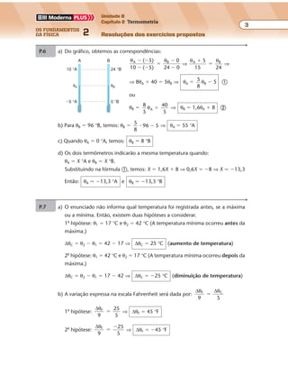 os fundamentos
da física 2
3
Unidade B
Capítulo 2 Termometria
Resoluções dos exercícios propostosExercícios propostos
Os fundamentos da Física • Volume 32 • Capítulo 2
b) Para θB � 96 °B, temos: θB �
5
8
96 5� � ⇒ θA � 55 °A
c) Quando θA � 0 °A, temos: θB � 8 °B
d) Os dois termômetros indicarão a mesma temperatura quando:
θA � X °A e θB � X °B.
Substituindo na fórmula �, temos: X � 1,6X � 8 ⇒ 0,6X � �8 ⇒ X � �13,3
Então: θA � �13,3 °A e θB � �13,3 °B
P.6 a) Do gráfico, obtemos as correspondências:
θ θA B( 5)
10 ( 5)
0
24 0
� �
� �
�
�
�
⇒
θ θA B5
15 24
�
� ⇒
⇒ 8θA � 40 � 5θB ⇒ θA � 5
8
θB � 5 �
ou
θB � 8
5
40
5
Aθ � ⇒ θB � 1,6θA � 8 �
A B
10 °A
�5 °A
θA
24 °B
0 °B
θB
P.7 a) O enunciado não informa qual temperatura foi registrada antes, se a máxima
ou a mínima. Então, existem duas hipóteses a considerar.
1a
hipótese: θ1 � 17 °C e θ2 � 42 °C (A temperatura mínima ocorreu antes da
máxima.)
∆θC � θ2 � θ1 � 42 � 17 ⇒ ∆θC � 25 °C (aumento de temperatura)
2a
hipótese: θ1 � 42 °C e θ2 � 17 °C (A temperatura mínima ocorreu depois da
máxima.)
∆θC � θ2 � θ1 � 17 � 42 ⇒ ∆θC � �25 °C (diminuição de temperatura)
b) A variação expressa na escala Fahrenheit será dada por:
∆ ∆θ θF C
9 5
�
1a
hipótese:
∆θF 25
9 5
� ⇒ ∆θF � 45 °F
2a
hipótese:
∆θF 25
9 5
�
�
⇒ ∆θF � �45 °F
 