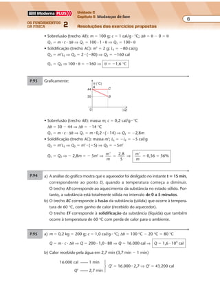 os fundamentos
da física 2
6
Unidade C
Capítulo 5 Mudanças de fase
Resoluções dos exercícios propostosExercícios propostos
Os fundamentos da Física • Volume 62 • Capítulo 5
• Sobrefusão (trecho AB): massa m; c � 0,2 cal/g � °C
∆θ � 30 � 44 ⇒ ∆θ � �14 °C
Q1 � m � c � ∆θ ⇒ Q1 � m � 0,2 � (�14) ⇒ Q1 � �2,8m
• Solidificação (trecho AC): massa m’; LS � �LF � �5 cal/g
Q2 � m’LS ⇒ Q2 � m’ � (�5) ⇒ Q2 � �5m’
Q1 � Q2 ⇒ � 2,8m � � 5m’ ⇒ m’
m
2,8
5
� ⇒ m’
m
� 0,56 � 56%
• Sobrefusão (trecho AB): m � 100 g; c � 1 cal/g � °C; ∆θ � θ � 0 � θ
Q1 � m � c � ∆θ ⇒ Q1 � 100 � 1 � θ ⇒ Q1 � 100 � θ
• Solidificação (trecho AC): m’ � 2 g; LS � �80 cal/g
Q2 � m’LS ⇒ Q2 � 2 � (�80) ⇒ Q2 � �160 cal
Q1 � Q2 ⇒ 100 � θ � �160 ⇒ θ � �1,6 °C
P.93 Graficamente:
0
44 C
B
A
θ (°C)
|Q|
30
P.95 a) m � 0,2 kg � 200 g; c � 1,0 cal/g � °C; ∆θ � 100 °C � 20 °C � 80 °C
Q � m � c � ∆θ ⇒ Q � 200 � 1,0 � 80 ⇒ Q � 16.000 cal ⇒ Q � 1,6 � 104
cal
b) Calor recebido pela água em 2,7 min (3,7 min � 1 min)
16.000 cal —— 1 min
Q’ —— 2,7 min
Q’ � 16.000 � 2,7 ⇒ Q’ � 43.200 cal
P.94 a) A análise do gráfico mostra que o aquecedor foi desligado no instante t � 15 min,
correspondente ao ponto D, quando a temperatura começa a diminuir.
O trecho AB corresponde ao aquecimento da substância no estado sólido. Por-
tanto, a substância está totalmente sólida no intervalo de 0 a 5 minutos.
b) O trecho BC corresponde à fusão da substância (sólida) que ocorre à tempera-
tura de 60 °C, com ganho de calor (recebido do aquecedor).
O trecho EF corresponde à solidificação da substância (líquida) que também
ocorre à temperatura de 60 °C com perda de calor para o ambiente.
Exercícios propostos
Os fundamentos da Física • Volume 62 • Capítulo 5
• Sobrefusão (trecho AB): massa m; c � 0,2 cal/g � °C
∆θ � 30 � 44 ⇒ ∆θ � �14 °C
Q1 � m � c � ∆θ ⇒ Q1 � m � 0,2 � (�14) ⇒ Q1 � �2,8m
• Solidificação (trecho AC): massa m’; LS � �LF � �5 cal/g
Q2 � m’LS ⇒ Q2 � m’ � (�5) ⇒ Q2 � �5m’
Q1 � Q2 ⇒ � 2,8m � � 5m’ ⇒ m’
m
2,8
5
� ⇒ m’
m
� 0,56 � 56%
• Sobrefusão (trecho AB): m � 100 g; c � 1 cal/g � °C; ∆θ � θ � 0 � θ
Q1 � m � c � ∆θ ⇒ Q1 � 100 � 1 � θ ⇒ Q1 � 100 � θ
• Solidificação (trecho AC): m’ � 2 g; LS � �80 cal/g
Q2 � m’LS ⇒ Q2 � 2 � (�80) ⇒ Q2 � �160 cal
Q1 � Q2 ⇒ 100 � θ � �160 ⇒ θ � �1,6 °C
P.93 Graficamente:
0
44 C
B
A
θ (°C)
|Q|
30
P.95 a) m � 0,2 kg � 200 g; c � 1,0 cal/g � °C; ∆θ � 100 °C � 20 °C � 80 °C
Q � m � c � ∆θ ⇒ Q � 200 � 1,0 � 80 ⇒ Q � 16.000 cal ⇒ Q � 1,6 � 104
cal
b) Calor recebido pela água em 2,7 min (3,7 min � 1 min)
16.000 cal —— 1 min
Q’ —— 2,7 min
Q’ � 16.000 � 2,7 ⇒ Q’ � 43.200 cal
P.94 a) A análise do gráfico mostra que o aquecedor foi desligado no instante t � 15 min,
correspondente ao ponto D, quando a temperatura começa a diminuir.
O trecho AB corresponde ao aquecimento da substância no estado sólido. Por-
tanto, a substância está totalmente sólida no intervalo de 0 a 5 minutos.
b) O trecho BC corresponde à fusão da substância (sólida) que ocorre à tempera-
tura de 60 °C, com ganho de calor (recebido do aquecedor).
O trecho EF corresponde à solidificação da substância (líquida) que também
ocorre à temperatura de 60 °C com perda de calor para o ambiente.
 