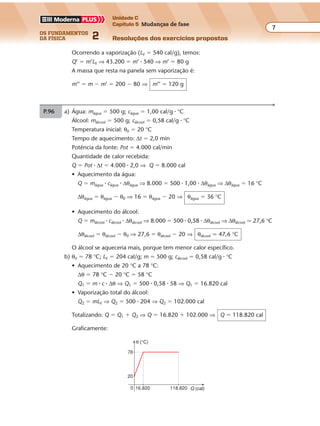os fundamentos
da física 2
7
Unidade C
Capítulo 5 Mudanças de fase
Resoluções dos exercícios propostosExercícios propostos
Os fundamentos da Física • Volume 72 • Capítulo 5
Ocorrendo a vaporização (LV � 540 cal/g), temos:
Q’ � m’LV ⇒ 43.200 � m’ � 540 ⇒ m’ � 80 g
A massa que resta na panela sem vaporização é:
m’’ � m � m’ � 200 � 80 ⇒ m’’ � 120 g
P.96 a) Água: mágua � 500 g; cágua � 1,00 cal/g � °C
Álcool: málcool � 500 g; cálcool � 0,58 cal/g � °C
Temperatura inicial: θ0 � 20 °C
Tempo de aquecimento: ∆t � 2,0 min
Potência da fonte: Pot � 4.000 cal/min
Quantidade de calor recebida:
Q � Pot � ∆t � 4.000 � 2,0 ⇒ Q � 8.000 cal
• Aquecimento da água:
Q � mágua � cágua � ∆θágua ⇒ 8.000 � 500 � 1,00 � ∆θágua ⇒ ∆θágua � 16 °C
∆θágua � θágua � θ0 ⇒ 16 � θágua � 20 ⇒ θágua � 36 °C
• Aquecimento do álcool:
Q � málcool � cálcool � ∆θálcool ⇒ 8.000 � 500 � 0,58 � ∆θálcool ⇒ ∆θálcool � 27,6 °C
∆θálcool � θálcool � θ0 ⇒ 27,6 � θálcool � 20 ⇒ θálcool � 47,6 °C
O álcool se aqueceria mais, porque tem menor calor específico.
b) θV � 78 °C; LV � 204 cal/g; m � 500 g; cálcool � 0,58 cal/g � °C
• Aquecimento de 20 °C a 78 °C:
∆θ � 78 °C � 20 °C � 58 °C
Q1 � m � c � ∆θ ⇒ Q1 � 500 � 0,58 � 58 ⇒ Q1 � 16.820 cal
• Vaporização total do álcool:
Q2 � mLV ⇒ Q2 � 500 � 204 ⇒ Q2 � 102.000 cal
Totalizando: Q � Q1 � Q2 ⇒ Q � 16.820 � 102.000 ⇒ Q � 118.820 cal
Graficamente:
0
78
16.820 118.820 Q (cal)
θ (°C)
20
 
