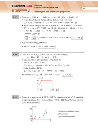 os fundamentos
da física 2
8
Unidade C
Capítulo 5 Mudanças de fase
Resoluções dos exercícios propostosExercícios propostos
Os fundamentos da Física • Volume 82 • Capítulo 5
P.98 a) Gálio: θF � 30 °C; cgálio � 410 J/(kg � °C); LF � 80.000 J/kg;
m � 25 g � 25 � 10�3
kg; θ0 � 10 °C:
• Aquecimento do gálio sólido de 10 °C até 30 °C:
∆θ � 30 °C � 10 °C � 20 °C
Q1 � m � cgálio � ∆θ ⇒ Q1 � 25 � 10�3
� 410 � 20 ⇒ Q1 � 205 J
• Fusão do gálio a 30 °C:
Q2 � mLF ⇒ Q2 � 25 � 10�3
� 80.000 ⇒ Q2 � 2.000 J
Totalizando: Q � Q1 � Q2 ⇒ Q � 205 � 2.000 ⇒ Q � 2.205 J
P.97 a) Água: m1 � 2.400 g Gelo: m2 � x; LF � 80 cal/g; c � 1 cal/g � °C
• Fusão do gelo (sendo Pot a potência da fonte e ∆t � 60 min):
Q � m2 � LF ⇒ Pot � ∆t � x � LF ⇒ Pot � 60 � x � 80 ⇒ 3Pot � 4x �
• Aquecimento da água (m � m1 � m2) de 0 °C a 5 °C (com ∆t’ � 20 min):
Q’ � m � c � ∆θ ⇒ Q’ � (2.400 � x) � 1,0 � (5 � 0) ⇒ Pot � ∆t’ � (2.400 � x) � 5 ⇒
⇒ Pot � 20 � 12.000 � 5x ⇒ 4 Pot � 2.400 � x �
Dividindo � por �:
3
4
4
2.400
16 7.200 3 13 7.200
Pot
Pot
x
x
x x x�
�
� � �⇒ ⇒ ⇒ x � 553,8 g
b) Substituindo x em �, obtemos:
3 Pot � 4 � 553,8 ⇒ Pot � 738,4 cal/min
b)
0
30
205 2.205 Q (J)
T (°C)
10
20
P.99 a) A água deve ser aquecida de 25 °C a 100 °C e vaporizada (a 100 °C). Em seguida,
o vapor resultante deve ser aquecido de 100 °C a 300 °C, conforme a seguinte
curva de aquecimento:
(1) Aquecimento da água líquida
(2) Vaporização
(3) Aquecimento do vapor
0 Q
θ (°C)
300
(1)
100
25
(2)
(3)
 