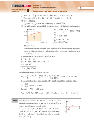 os fundamentos
da física 2
9
Unidade C
Capítulo 5 Mudanças de fase
Resoluções dos exercícios propostosExercícios propostos
Os fundamentos da Física • Volume 92 • Capítulo 5
(1) m � 1,0 � 105
g; c � 1,0 cal/g °C; ∆θ � 100 °C � 25 °C � 75 °C
Q1 � m � c � ∆θ ⇒ Q1 � 1,0 � 105
� 1,0 � 75 ⇒ Q1 � 75 � 105
cal
(2) Lv � 540 cal/g
Q2 � mLv ⇒ Q2 � 1,0 � 105
� 540 ⇒ Q2 � 540 � 105
cal
(3) No gráfico dado, a quantidade de calor pode ser calculada por meio da área:
Q
m
3 0,75 0,45
2
(300 100)�
�
��
Q
m
3
0,60 200� �
Q3 � 1,0 � 105
� 120
Q3 � 120 � 105
cal
Observação:
Esse cálculo também pode ser feito obtendo-se o calor específico médio do
vapor (média aritmética dos calores específicos extremos) e aplicando-se a
fórmula Q3 � m � c � ∆θ.
A quantidade de calor total no processo será:
Q � Q1 � Q2 � Q3
Q � 75 � 105
� 540 � 105
� 120 � 105
Q � 735 � 105
Q � 7,35 � 107
cal
b) Cálculo da potência total da caldeira:
Pot
Q
t
t �
∆
�
4.320 10.000 cal
1 h
�
�
4,32 10 cal
3,6 10 s
7
3
�
�
⇒ Pott � 1,2 � 104
cal/s
O rendimento é dado pela relação entre a potência útil e a potência total:
η u
t
�
Pot
Pot
⇒ Potu � η � Pott
Como η � 70% � 0,70, vem:
Potu � 0,70 � 1,2 � 104
⇒ Potu � 0,84 � 104
cal/s ⇒ Potu � 8,4 � 103
cal/s
P.100 Considerando uma área A � 1,0 m2
da camada superficial
de gelo com espessura e � 4,0 cm � 4,0 � 10�2
m, o
volume de gelo dessa camada será:
V � A � e ⇒ V � 1,0 � 4,0 � 10�2
⇒ V � 4,0 � 10�2
m3
Como 1,0 m3
� 10 � 106
cm3
, vem: V � 4,0 � 104
cm3
Sendo d � 1,0 g/cm3
a densidade do gelo, a massa é:
m � 4,0 � 104
g
100
c (cal/g • °C)
0,75
0,45
300 θ (°C)
Q3
m
0 Q
θ (°C)
Q1
–16
Q2
 
