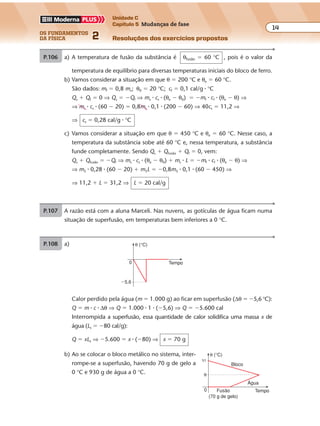 os fundamentos
da física 2
14
Unidade C
Capítulo 5 Mudanças de fase
Resoluções dos exercícios propostosExercícios propostos
Os fundamentos da Física • Volume 142 • Capítulo 5
P.106 a) A temperatura de fusão da substância é θfusão � 60 °C , pois é o valor da
temperatura de equilíbrio para diversas temperaturas iniciais do bloco de ferro.
b) Vamos considerar a situação em que θ � 200 °C e θe � 60 °C.
São dados: mf � 0,8 ms; θ0 � 20 °C; cf � 0,1 cal/g � °C
Qs � Qf � 0 ⇒ Qs � �Qf ⇒ ms � cs � (θe � θ0) � �mf � cf � (θe � θ) ⇒
⇒ ms � cs � (60 � 20) � 0,8ms � 0,1 � (200 � 60) ⇒ 40cs � 11,2 ⇒
⇒ cs � 0,28 cal/g � °C
c) Vamos considerar a situação em que θ � 450 °C e θe � 60 °C. Nesse caso, a
temperatura da substância sobe até 60 °C e, nessa temperatura, a substância
funde completamente. Sendo Qs � Qfusão � Qf � 0, vem:
Qs � Qfusão � �Qf ⇒ ms � cs � (θe � θ0) � ms � L � �mf � cf � (θe � θ) ⇒
⇒ m5 � 0,28 � (60 � 20) � m5L � �0,8m5 � 0,1 � (60 � 450) ⇒
⇒ 11,2 � L � 31,2 ⇒ L � 20 cal/g
P.107 A razão está com a aluna Marceli. Nas nuvens, as gotículas de água ficam numa
situação de superfusão, em temperaturas bem inferiores a 0 °C.
P.108 a) θ (°C)
�5,6
Tempo0
Calor perdido pela água (m � 1.000 g) ao ficar em superfusão (∆θ � �5,6 °C):
Q � m � c � ∆θ ⇒ Q � 1.000 � 1 � (�5,6) ⇒ Q � �5.600 cal
Interrompida a superfusão, essa quantidade de calor solidifica uma massa x de
água (Ls � �80 cal/g):
Q � xLs ⇒ �5.600 � x � (�80) ⇒ x � 70 g
θ (°C)
Bloco
Água
Fusão
(70 g de gelo)
Tempo
91
0
θ
b) Ao se colocar o bloco metálico no sistema, inter-
rompe-se a superfusão, havendo 70 g de gelo a
0 °C e 930 g de água a 0 °C.
 
