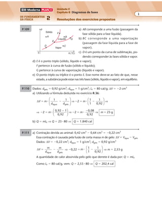 os fundamentos
da física 2
1
Unidade C
Capítulo 6 Diagramas de fases
Resoluções dos exercícios propostos
Exercícios propostos
Capítulo
6
Os diagramas de fase
P.109 a) AB corresponde a uma fusão (passagem da
fase sólida para a fase líquida).
b) BC corresponde a uma vaporização
(passagem da fase líquida para a fase de
vapor).
c) D é um ponto da curva de sublimação, po-
dendo corresponder às fases sólida e vapor.
d) E é o ponto triplo (sólido, líquido e vapor);
F pertence à curva de fusão (sólido e líquido);
G pertence à curva de vaporização (líquido e vapor).
e) O ponto triplo ou tríplice é o ponto E. Esse nome deve-se ao fato de que, nesse
estado, a substância pode estar nas três fases (sólido, líquido e vapor), em equilíbrio.
θ (°C)
p
0
Sólido
Líquido
Vapor
A B
D
F
G
C
E
P.110 Dados: dgelo � 0,92 g/cm3
; dágua � 1 g/cm3
; LF � 80 cal/g; ∆V � �2 cm3
a) Utilizando a fórmula deduzida no exercício R.36:
∆V m
d d
m
1 1
2
1
1
1
0,92água gelo
� � � � �� �





 ⇒





 ⇒
⇒ � �
�
� �
�
�2
0,92 1
0,92
2
0,08
0,92
23 gm m m� �





 ⇒ ⇒
b) Q � mLF ⇒ Q � 23 � 80 ⇒ Q � 1.840 cal
P.111 a) Contração devida ao animal: 0,42 cm3
� 0,64 cm3
� �0,22 cm3
Essa contração é causada pela fusão de certa massa m de gelo: ∆V � Vágua � Vgelo
Dados: ∆V � �0,22 cm3
; dágua � 1 g/cm3
; dgelo � 0,92 g/cm3
∆V
m
d
m
dágua gelo
� � ⇒ �0,22 � m
1
1
1
0,92
� �





 ⇒ m � 2,53 g
A quantidade de calor absorvida pelo gelo que derrete é dada por: Q � mLF
Como LF � 80 cal/g, vem: Q � 2,53 � 80 ⇒ Q � 202,4 cal
 