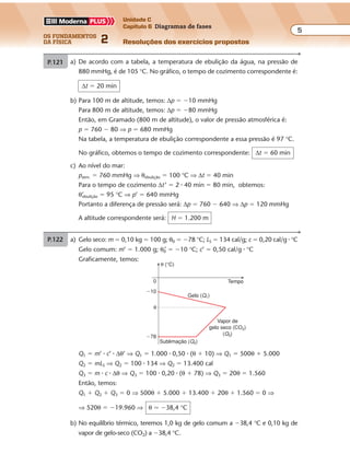 os fundamentos
da física 2
5
Unidade C
Capítulo 6 Diagramas de fases
Resoluções dos exercícios propostos
P.120 a) De acordo com a tabela, a temperatura de ebulição da água, na pressão de
880 mmHg, é de 105 °C. No gráfico, o tempo de cozimento correspondente é:
∆t � 20 min
b) Para 100 m de altitude, temos: ∆p � �10 mmHg
Para 800 m de altitude, temos: ∆p � �80 mmHg
Então, em Gramado (800 m de altitude), o valor de pressão atmosférica é:
p � 760 � 80 ⇒ p � 680 mmHg
Na tabela, a temperatura de ebulição correspondente a essa pressão é 97 °C.
No gráfico, obtemos o tempo de cozimento correspondente: ∆t � 60 min
c) Ao nível do mar:
patm. � 760 mmHg ⇒ θebulição � 100 °C ⇒ ∆t � 40 min
Para o tempo de cozimento ∆t’ � 2 � 40 min � 80 min, obtemos:
θ’ebulição � 95 °C ⇒ p’ � 640 mmHg
Portanto a diferença de pressão será: ∆p � 760 � 640 ⇒ ∆p � 120 mmHg
A altitude correspondente será: H � 1.200 m
substância não pode ser sublimada. Essa mudança somente pode ocorrer sob
pressões inferiores a 0,4 atm.
d) O ponto triplo é o estado em que a substância pode ser apresentar em equilí-
brio nas três fases: sólida, líquida e gasosa. Pelo gráfico, a pressão do ponto
triplo vale 0,4 atm, e a temperatura do ponto triplo, cerca de 90 °C.Exercícios propostos
Os fundamentos da Física • Volume 52 • Capítulo 6
P.121 a) Nos procedimentos descritos, o que se busca é intensificar o fenômeno da
evaporação da água, porque a velocidade de evaporação do líquido é
diretamente proporcional à sua área exposta ao ar.
b) Dados: A � 1,0 m2
; e � 0,50 mm � 0,50 � 10�3
m; d � 1.000 kg/m3
O volume de água que evapora é dado por:
V � Ae ⇒ V � 1,0 � 0,50 � 10�3
⇒ V � 0,50 � 10�3
m3
A massa correspondente é:
m � dV ⇒ m � 1.000 � 0,50 � 10�3
⇒ m � 0,50 kg
Sendo LV � 2.300 kJ/kg, a quantidade de calor absorvida pela água que
evapora vale:
Q � mLV ⇒ Q � 0,5 � 2.300 ⇒ Q � 1.150 kJ
Essa energia é retirada do corpo e, por isso, temos a sensação de frio.
P.122 a) Gelo seco: m � 0,10 kg � 100 g; θ0 � �78 °C; LS � 134 cal/g; c � 0,20 cal/g � °C
Gelo comum: m’ � 1.000 g; θ0’ � �10 °C; c’ � 0,50 cal/g � °C
Graficamente, temos:
θ (°C)
θ
�10
0
�78
Gelo (Q1)
Sublimação (Q2)
Tempo
Vapor de
gelo seco (CO2)
(Q3)
Q1 � m’ � c’ � ∆θ’ ⇒ Q1 � 1.000 � 0,50 � (θ � 10) ⇒ Q1 � 500θ � 5.000
Q2 � mLS ⇒ Q2 � 100 � 134 ⇒ Q2 � 13.400 cal
Q3 � m � c � ∆θ ⇒ Q3 � 100 � 0,20 � (θ � 78) ⇒ Q3 � 20θ � 1.560
Então, temos:
Q1 � Q2 � Q3 � 0 ⇒ 500θ � 5.000 � 13.400 � 20θ � 1.560 � 0 ⇒
⇒ 520θ � �19.960 ⇒ θ � �38,4 °C
b) No equilíbrio térmico, teremos 1,0 kg de gelo comum a �38,4 °C e 0,10 kg de
vapor de gelo-seco (CO2) a �38,4 °C.
Exercícios propostos
Os fundamentos da Física • Volume 52 • Capítulo 6
P.121 a) Nos procedimentos descritos, o que se busca é intensificar o fenômeno da
evaporação da água, porque a velocidade de evaporação do líquido é
diretamente proporcional à sua área exposta ao ar.
b) Dados: A � 1,0 m2
; e � 0,50 mm � 0,50 � 10�3
m; d � 1.000 kg/m3
O volume de água que evapora é dado por:
V � Ae ⇒ V � 1,0 � 0,50 � 10�3
⇒ V � 0,50 � 10�3
m3
A massa correspondente é:
m � dV ⇒ m � 1.000 � 0,50 � 10�3
⇒ m � 0,50 kg
Sendo LV � 2.300 kJ/kg, a quantidade de calor absorvida pela água que
evapora vale:
Q � mLV ⇒ Q � 0,5 � 2.300 ⇒ Q � 1.150 kJ
Essa energia é retirada do corpo e, por isso, temos a sensação de frio.
P.122 a) Gelo seco: m � 0,10 kg � 100 g; θ0 � �78 °C; LS � 134 cal/g; c � 0,20 cal/g � °C
Gelo comum: m’ � 1.000 g; θ0’ � �10 °C; c’ � 0,50 cal/g � °C
Graficamente, temos:
θ (°C)
θ
�10
0
�78
Gelo (Q1)
Sublimação (Q2)
Tempo
Vapor de
gelo seco (CO2)
(Q3)
Q1 � m’ � c’ � ∆θ’ ⇒ Q1 � 1.000 � 0,50 � (θ � 10) ⇒ Q1 � 500θ � 5.000
Q2 � mLS ⇒ Q2 � 100 � 134 ⇒ Q2 � 13.400 cal
Q3 � m � c � ∆θ ⇒ Q3 � 100 � 0,20 � (θ � 78) ⇒ Q3 � 20θ � 1.560
Então, temos:
Q1 � Q2 � Q3 � 0 ⇒ 500θ � 5.000 � 13.400 � 20θ � 1.560 � 0 ⇒
⇒ 520θ � �19.960 ⇒ θ � �38,4 °C
b) No equilíbrio térmico, teremos 1,0 kg de gelo comum a �38,4 °C e 0,10 kg de
vapor de gelo-seco (CO2) a �38,4 °C.
Exercícios propostos
Os fundamentos da Física • Volume 52 • Capítulo 6
P.121 a) Nos procedimentos descritos, o que se busca é intensificar o fenômeno da
evaporação da água, porque a velocidade de evaporação do líquido é
diretamente proporcional à sua área exposta ao ar.
b) Dados: A � 1,0 m2
; e � 0,50 mm � 0,50 � 10�3
m; d � 1.000 kg/m3
O volume de água que evapora é dado por:
V � Ae ⇒ V � 1,0 � 0,50 � 10�3
⇒ V � 0,50 � 10�3
m3
A massa correspondente é:
m � dV ⇒ m � 1.000 � 0,50 � 10�3
⇒ m � 0,50 kg
Sendo LV � 2.300 kJ/kg, a quantidade de calor absorvida pela água que
evapora vale:
Q � mLV ⇒ Q � 0,5 � 2.300 ⇒ Q � 1.150 kJ
Essa energia é retirada do corpo e, por isso, temos a sensação de frio.
P.122 a) Gelo seco: m � 0,10 kg � 100 g; θ0 � �78 °C; LS � 134 cal/g; c � 0,20 cal/g � °C
Gelo comum: m’ � 1.000 g; θ0’ � �10 °C; c’ � 0,50 cal/g � °C
Graficamente, temos:
θ (°C)
θ
�10
0
�78
Gelo (Q1)
Sublimação (Q2)
Tempo
Vapor de
gelo seco (CO2)
(Q3)
Q1 � m’ � c’ � ∆θ’ ⇒ Q1 � 1.000 � 0,50 � (θ � 10) ⇒ Q1 � 500θ � 5.000
Q2 � mLS ⇒ Q2 � 100 � 134 ⇒ Q2 � 13.400 cal
Q3 � m � c � ∆θ ⇒ Q3 � 100 � 0,20 � (θ � 78) ⇒ Q3 � 20θ � 1.560
Então, temos:
Q1 � Q2 � Q3 � 0 ⇒ 500θ � 5.000 � 13.400 � 20θ � 1.560 � 0 ⇒
⇒ 520θ � �19.960 ⇒ θ � �38,4 °C
b) No equilíbrio térmico, teremos 1,0 kg de gelo comum a �38,4 °C e 0,10 kg de
vapor de gelo-seco (CO2) a �38,4 °C.
Exercícios propostos
Os fundamentos da Física • Volume 52 • Capítulo 6
P.121 a) Nos procedimentos descritos, o que se busca é intensificar o fenômeno da
evaporação da água, porque a velocidade de evaporação do líquido é
diretamente proporcional à sua área exposta ao ar.
b) Dados: A � 1,0 m2
; e � 0,50 mm � 0,50 � 10�3
m; d � 1.000 kg/m3
O volume de água que evapora é dado por:
V � Ae ⇒ V � 1,0 � 0,50 � 10�3
⇒ V � 0,50 � 10�3
m3
A massa correspondente é:
m � dV ⇒ m � 1.000 � 0,50 � 10�3
⇒ m � 0,50 kg
Sendo LV � 2.300 kJ/kg, a quantidade de calor absorvida pela água que
evapora vale:
Q � mLV ⇒ Q � 0,5 � 2.300 ⇒ Q � 1.150 kJ
Essa energia é retirada do corpo e, por isso, temos a sensação de frio.
P.122 a) Gelo seco: m � 0,10 kg � 100 g; θ0 � �78 °C; LS � 134 cal/g; c � 0,20 cal/g � °C
Gelo comum: m’ � 1.000 g; θ0’ � �10 °C; c’ � 0,50 cal/g � °C
Graficamente, temos:
θ (°C)
θ
�10
0
�78
Gelo (Q1)
Sublimação (Q2)
Tempo
Vapor de
gelo seco (CO2)
(Q3)
Q1 � m’ � c’ � ∆θ’ ⇒ Q1 � 1.000 � 0,50 � (θ � 10) ⇒ Q1 � 500θ � 5.000
Q2 � mLS ⇒ Q2 � 100 � 134 ⇒ Q2 � 13.400 cal
Q3 � m � c � ∆θ ⇒ Q3 � 100 � 0,20 � (θ � 78) ⇒ Q3 � 20θ � 1.560
Então, temos:
Q1 � Q2 � Q3 � 0 ⇒ 500θ � 5.000 � 13.400 � 20θ � 1.560 � 0 ⇒
⇒ 520θ � �19.960 ⇒ θ � �38,4 °C
b) No equilíbrio térmico, teremos 1,0 kg de gelo comum a �38,4 °C e 0,10 kg de
vapor de gelo-seco (CO2) a �38,4 °C.
 