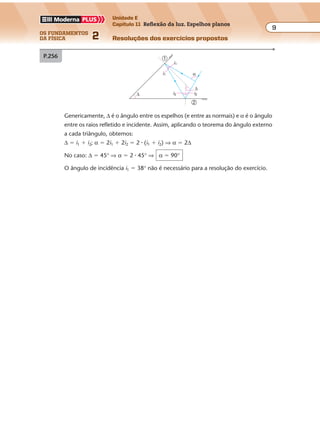 os fundamentos
da física 2
9
Unidade E
Capítulo 11 Reflexão da luz. Espelhos planos
Resoluções dos exercícios propostosExercícios propostos
Os fundamentos da Física • Volume 92 • Capítulo 11
P.256
Genericamente, ∆ é o ângulo entre os espelhos (e entre as normais) e α é o ângulo
entre os raios refletido e incidente. Assim, aplicando o teorema do ângulo externo
a cada triângulo, obtemos:
∆ � i1 � i2; α � 2i1 � 2i2 � 2 � (i1 � i2) ⇒ α � 2∆
No caso: ∆ � 45° ⇒ α � 2 � 45° ⇒ α � 90°
O ângulo de incidência i1 � 38° não é necessário para a resolução do exercício.
i2i2
i1
i1 α
∆
∆
1
2
 