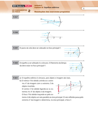 os fundamentos
da física 2
1
Unidade E
Capítulo 12 Espelhos esféricos
Resoluções dos exercícios propostos
Exercícios propostos
Capítulo
12
Espelhos esféricos
P.257
A
C V
F
P.258
CFV
P.259 O pavio da vela deve ser colocado no foco principal F:
VC F
P.260 O espelho a ser utilizado é o côncavo. O filamento da lâmpa-
da deve estar no foco principal F:
V
F
C
P.261 a) O espelho esférico é côncavo, pois objeto e imagem são reais.
b) O vértice V foi obtido unindo-se o extre-
mo A’ da imagem com o extremo Z do
objeto invertido.
O centro C foi obtido ligando-se os ex-
tremos A e A’ do objeto e da imagem.
O foco F foi obtido traçando-se pelo ex-
tremo A do objeto um raio paralelo ao eixo principal. O raio refletido passa pelo
extremo A’ da imagem e determina, no eixo principal, o foco F.
V
FoCB'
A'
B
i
A
Z
 