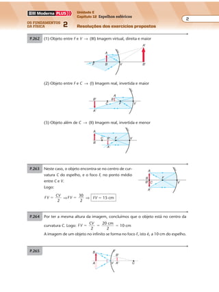 os fundamentos
da física 2
2
Unidade E
Capítulo 12 Espelhos esféricos
Resoluções dos exercícios propostosExercícios propostos
Os fundamentos da Física • Volume 22 • Capítulo 12
(2) Objeto entre F e C → (I) Imagem real, invertida e maior
P.262 (1) Objeto entre F e V → (III) Imagem virtual, direita e maior
A'
B'VB
A
F
(3) Objeto além de C → (II) Imagem real, invertida e menor
B'
A'
A
B
FC V
VFC B'
A'
A
B
P.263 Neste caso, o objeto encontra-se no centro de cur-
vatura C do espelho, e o foco F, no ponto médio
entre C e V.
Logo:
FV
CV
2
� ⇒FV
30
2
� ⇒ FV � 15 cm
VC
F
A
A'
B
B'
P.264 Por ter a mesma altura da imagem, concluímos que o objeto está no centro da
curvatura C. Logo: FV
CV
2
20 cm
2
� � � 10 cm
A imagem de um objeto no infinito se forma no foco F, isto é, a 10 cm do espelho.
P.265
A V A' C
B'
B
 
