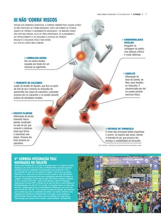• LOMBALGIA AGUDA
Dor na coluna lombar
causada por lesão em um
músculo ou ligamento.
4ª CORRIDA INTEGRAÇÃO TRAZ
NOVIDADES NO TRAJETO
Termina neste domingo (8/7) o prazo de inscrições para a 4ª edição da Corrida
Integração, que ocorre em 22 de julho, em Ribeirão Preto, com dois percursos
diferentes para três modalidades de participantes: das corridas 5k e 10k e
da caminhada 5k. Este ano há novidades no trajeto. O de 5k será no sentido
USP-Centro, e a volta usará uma faixa no sentido contrário. “Essa alteração foi
feita para que os participantes não sejam prejudicados pela falta de espaço na
chegada. O participante do 10k volta na pista USP-Centro, enquanto a chegada
do 5k se dá pelo Centro-USP”, explica Paulo Brasileiro, diretor de Relações
Institucionais do Grupo EPTV. A retirada do kit deve ser feita no Centro Médico do
RibeirãoShopping, nos dias 20 e 21 de julho. As inscrições devem ser feitas pelo
site http://projetos.eptv.com.br/corridaintegracao/default.aspx, com taxas que
variam de R$ 60 a R$ 100. “É um incentivo à pratica de esportes. Nós queremos
que a corrida faça parte do calendário dos atletas e da cidade. Também é uma
integração dos corredores de Ribeirão Preto e da região, já que recebemos
gente de Minas Gerais e Goiás. Além de ser um domingo com muita festa e
comemoração para atender toda a família”, explica Brasileiro. (ACidade ON)
NÃO ‘CORRA’ RISCOS
APESAR DOS INÚMEROS BENEFÍCIOS, A CORRIDA TAMBÉM PODE CAUSAR LESÕES
SE NÃO PRATICADS DE FORMA ADEQUADA, TANTO EM TERMOS DE TÉCNICA,
QUANTO DE TREINOS E EQUIPAMENTOS ADEQUADOS. “OS MAIORES ERROS
SÃO POSTURA ERRADA, FALTA DE TÊNIS APROPRIADO, DE ALONGAMENTO,
DE FORTALECIMENTO E DE DESCANSO E EXCESSO DE TREINOS”,
RESSALTA O EDUCADOR FÍSICO TOM OSÓRIO.
ELE CITA AS LESÕES MAIS COMUNS:
• FASCITE PLANTAR
Inflamação do tecido
chamado fáscia
plantar, localizado
na sola do pé, que
conecta o calcâneo
(osso que forma
o calcanhar) aos
dedos. Provoca dor
forte próxima ao
calcanhar;
• TENDINITE DE CALCÂNEO
Lesão do tendão de Aquiles, que fica na parte
de trás do pé e conecta os músculos da
panturrilha aos ossos do calcanhar. Lesionado
provoca dor no calcanhar e no tendão durante
prática de atividades simples;
• CANELITE
Inflamação do
osso da canela, da
tíbia, seus tendões
ou músculos. É
caracterizada por dor
na canela durante
exercício físico;
• ENTORSE DE TORNOZELO
É umas das principais lesões esportivas
e ocorre, na maioria das vezes, devido
à inversão do pé, que provoca dor,
inchaço e instabilidade do tornozelo;
• CONDROMALACEA
PATELAR:
Desgaste na
cartilagem do joelho,
uma doença crônica
e muito dolorosa;
RENATO LOPES / ESPECIAL - 02.JUL.2017
FONTE: TOM OSÓRIO - EDUCADOR FÍSICO DA ASSESSORIA ESPORTIVA ACAHDRE RUNNING CLUB (ARC)
7A CIDADESÁBADO,DOMINGO E SEGUNDA-FEIRA,7,8 E 9 DE JULHO DE 2018
 