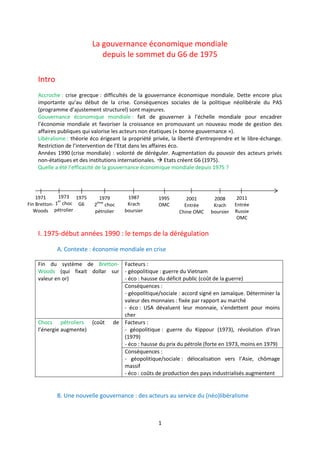 1
La gouvernance économique mondiale
depuis le sommet du G6 de 1975
Intro
Accroche : crise grecque : difficultés de la gouvernance économique mondiale. Dette encore plus
importante qu’au début de la crise. Conséquences sociales de la politique néolibérale du PAS
(programme d’ajustement structurel) sont majeures.
Gouvernance économique mondiale : fait de gouverner à l’échelle mondiale pour encadrer
l’économie mondiale et favoriser la croissance en promouvant un nouveau mode de gestion des
affaires publiques qui valorise les acteurs non étatiques (« bonne gouvernance »).
Libéralisme : théorie éco érigeant la propriété privée, la liberté d’entreprendre et le libre-échange.
Restriction de l’intervention de l’Etat dans les affaires éco.
Années 1990 (crise mondiale) : volonté de déréguler. Augmentation du pouvoir des acteurs privés
non-étatiques et des institutions internationales.  Etats créent G6 (1975).
Quelle a été l’efficacité de la gouvernance économique mondiale depuis 1975 ?
I. 1975-début années 1990 : le temps de la dérégulation
A. Contexte : économie mondiale en crise
Fin du système de Bretton-
Woods (qui fixait dollar sur
valeur en or)
Facteurs :
- géopolitique : guerre du Vietnam
- éco : hausse du déficit public (coût de la guerre)
Conséquences :
- géopolitique/sociale : accord signé en Jamaïque. Déterminer la
valeur des monnaies : fixée par rapport au marché
- éco : USA dévaluent leur monnaie, s’endettent pour moins
cher
Chocs pétroliers (coût de
l’énergie augmente)
Facteurs :
- géopolitique : guerre du Kippour (1973), révolution d’Iran
(1979)
- éco : hausse du prix du pétrole (forte en 1973, moins en 1979)
Conséquences :
- géopolitique/sociale : délocalisation vers l’Asie, chômage
massif
- éco : coûts de production des pays industrialisés augmentent
B. Une nouvelle gouvernance : des acteurs au service du (néo)libéralisme
1971
Fin Bretton-
Woods
1973
1
er
choc
pétrolier
1975
G6
1979
2
ème
choc
pétrolier
1987
Krach
boursier
1995
OMC
2001
Entrée
Chine OMC
2008
Krach
boursier
2011
Entrée
Russie
OMC
 
