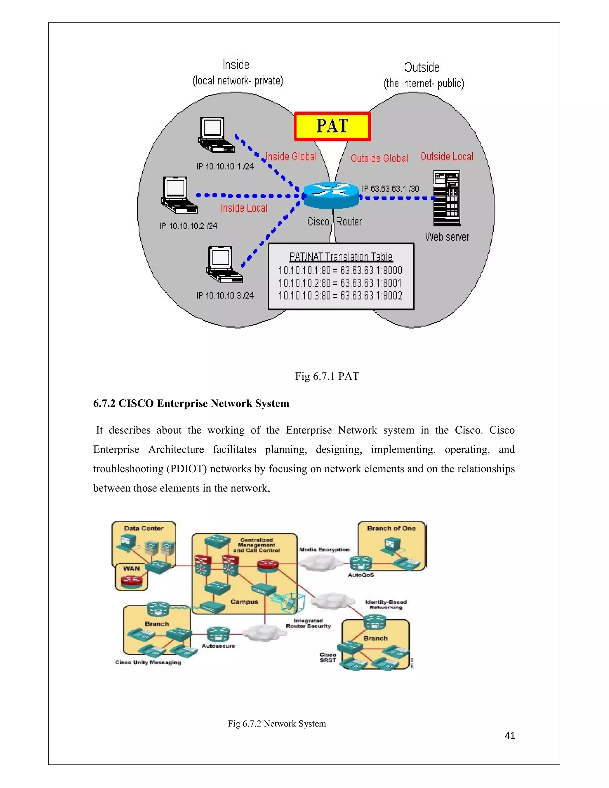 41
Fig 6.7.1 PAT
6.7.2 CISCO Enterprise Network System
It describes about the working of the Enterprise Network system in the Cisco. Cisco
Enterprise Architecture facilitates planning, designing, implementing, operating, and
troubleshooting (PDIOT) networks by focusing on network elements and on the relationships
between those elements in the network,
Fig 6.7.2 Network System
 