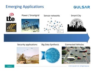 PAGE 6 © 2014 QULSAR, INC. All Rights Reserved.
Emerging Applications
Connected Vehicles
Sensor networks
Security applications
Power / Smartgrid Smart City
Big Data Synthesis
 